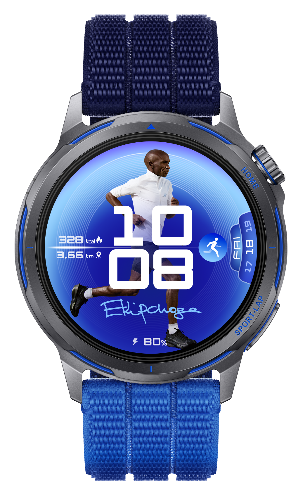 Zegarek inteligentny z wyświetlaczem Eliuda Kipchoge, 328 kcal, 3,66 km, godz. 10:08, bateria 80%.