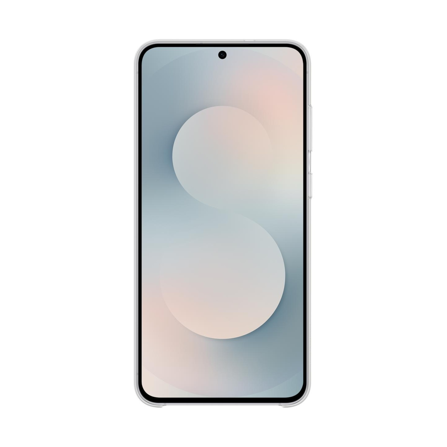 Uno smartphone con custodia trasparente e motivo di sfondo sfumato blu e rosa.