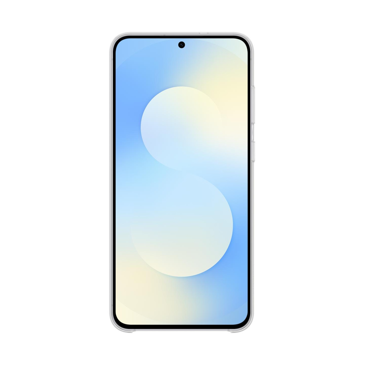 Uno smartphone con custodia trasparente e display di sfondo blu e giallo.