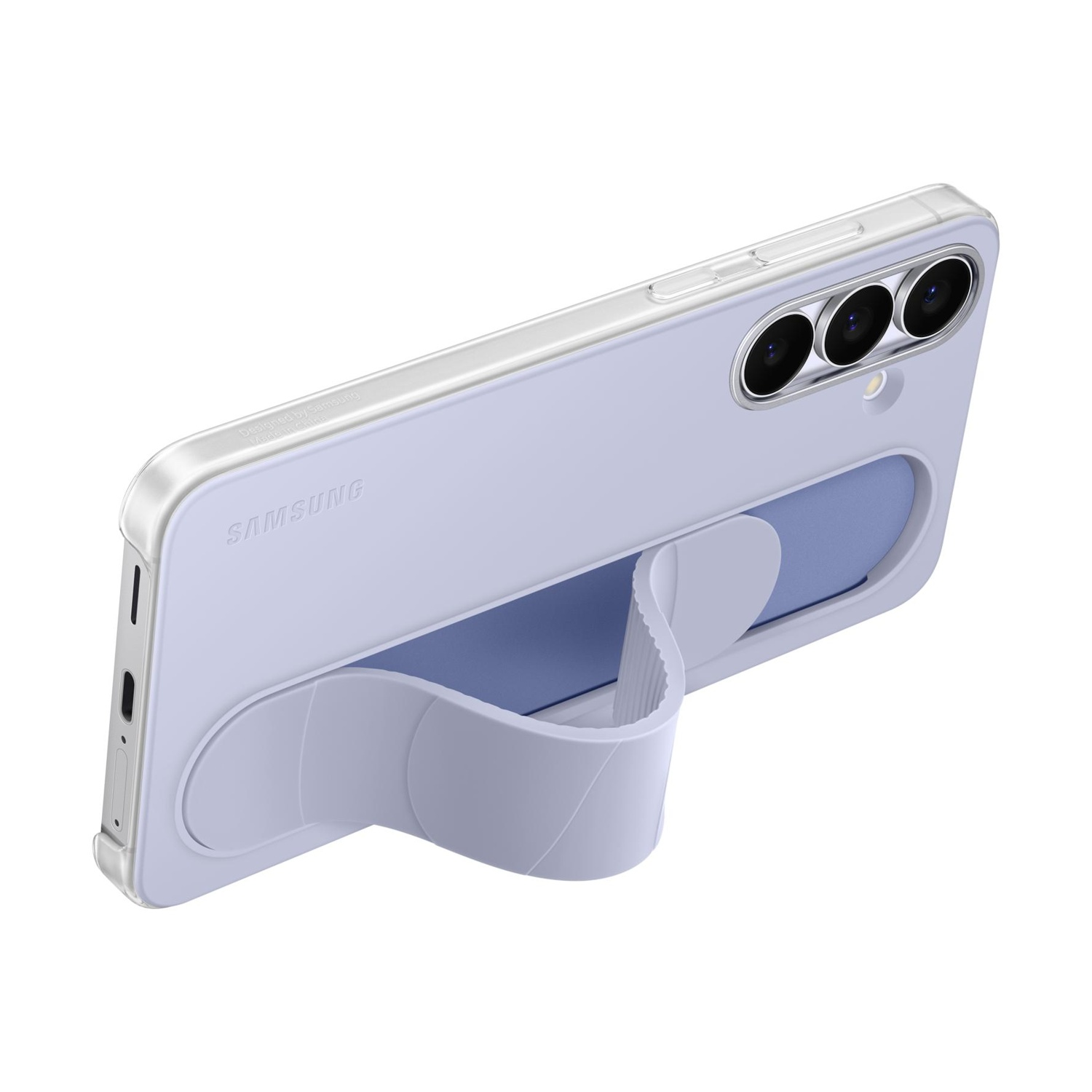 Un telefono Samsung color lavanda con cinturino sul retro per presa.