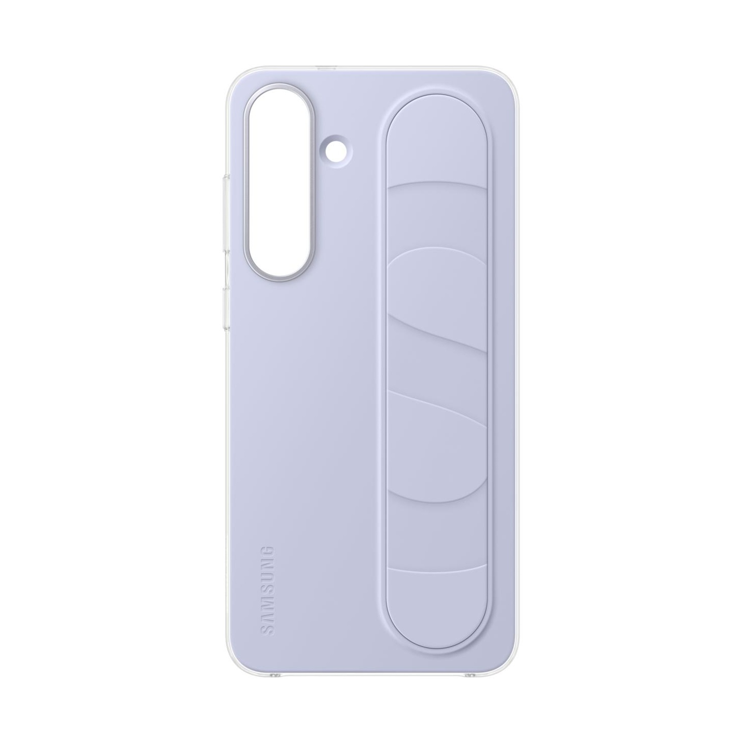 Un'impugnatura viola per telefono con motivo a coste sul retro.