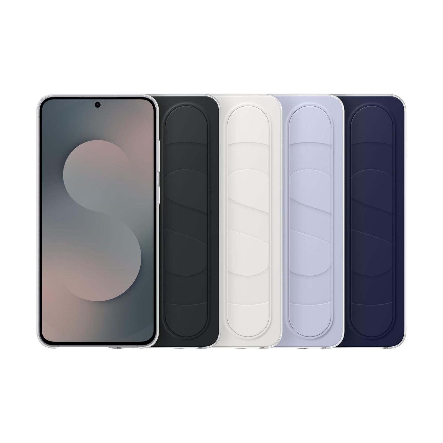 Uno smartphone con quattro impugnature colorate: nero, bianco, lavanda e blu navy.