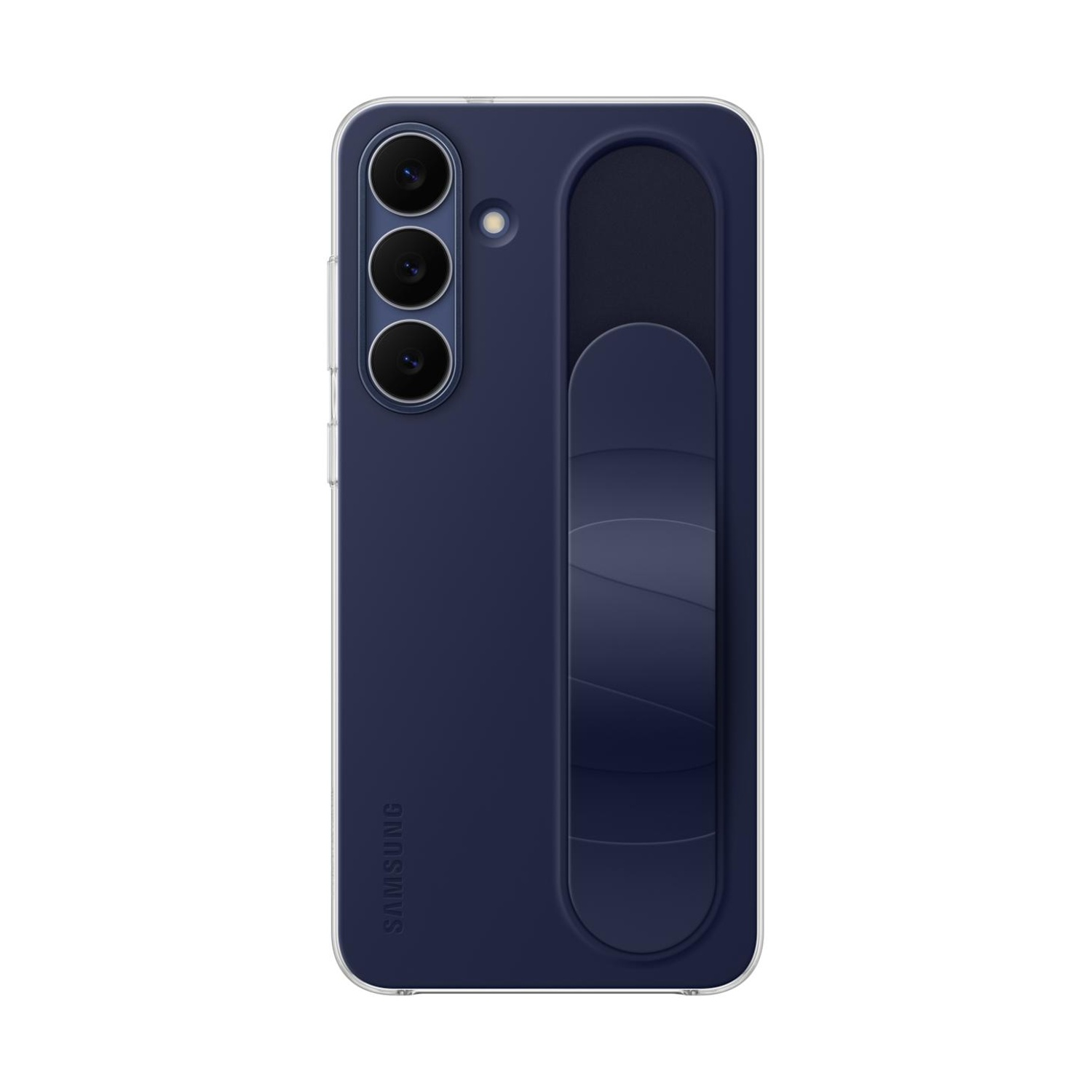 Custodia blu scuro per telefono con tre lenti e impugnatura posteriore.