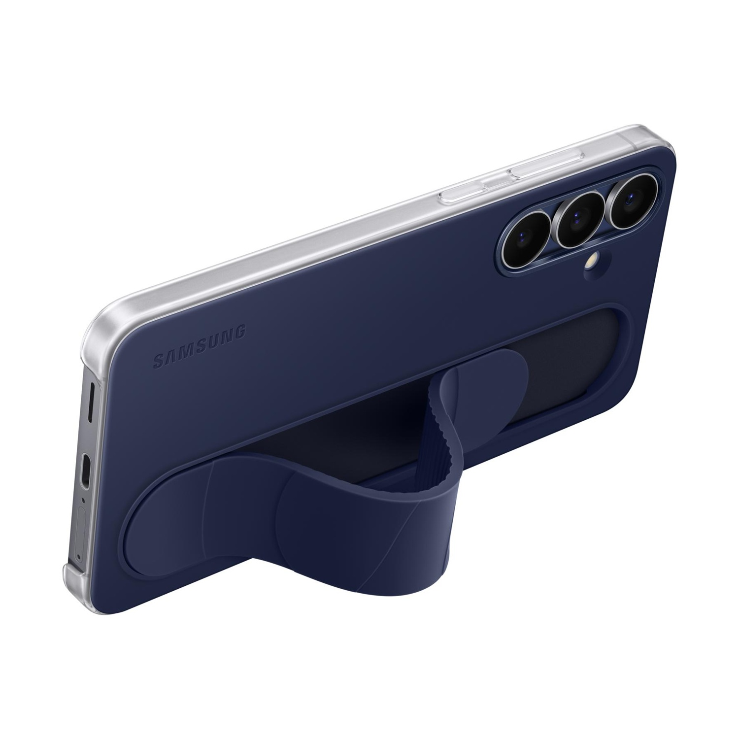Custodia blu scuro Samsung con anello porta-dita e tre fotocamere.
