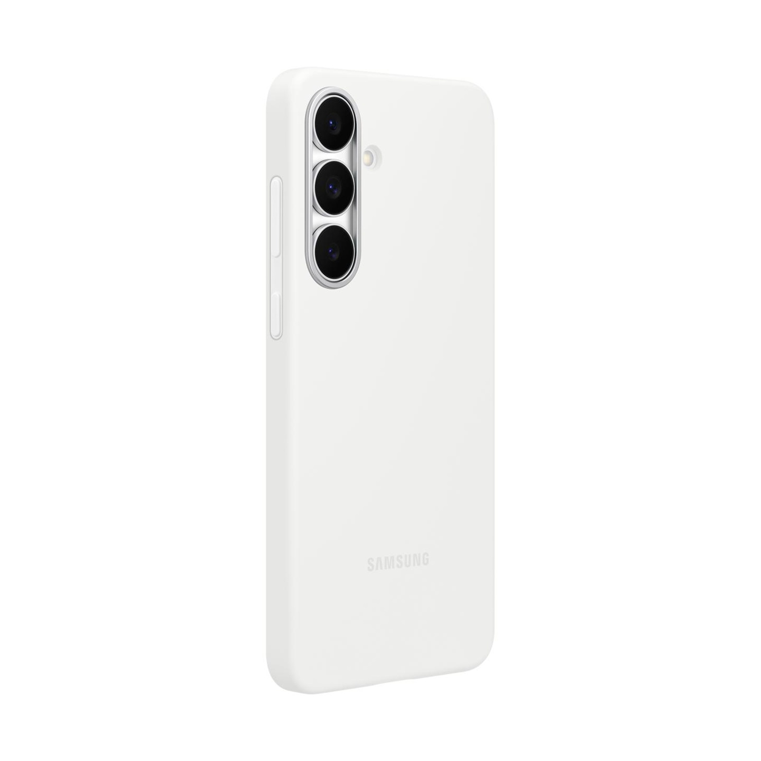 Custodia bianca per telefono con tre lenti per fotocamera e logo "SAMSUNG".