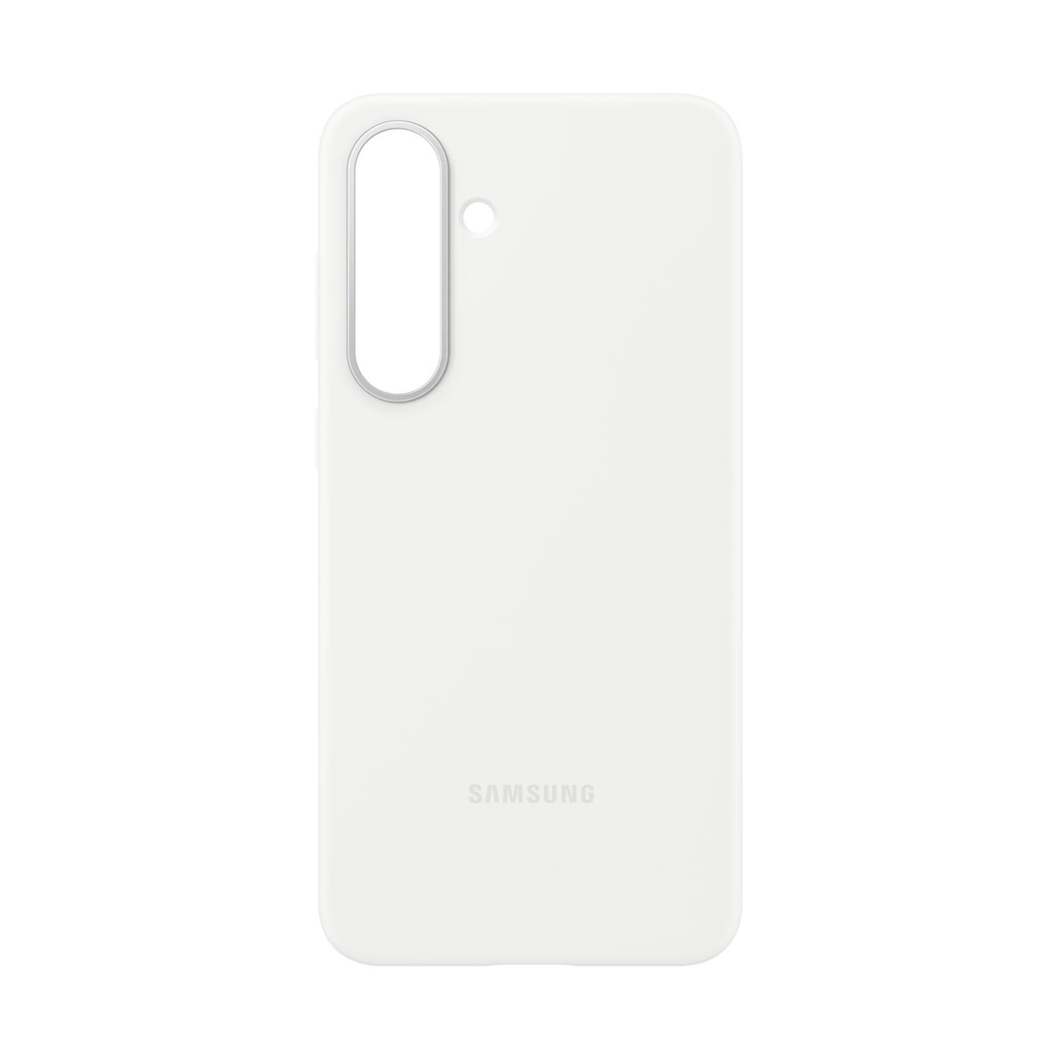Una cover bianca Samsung con foro per fotocamera e logo.