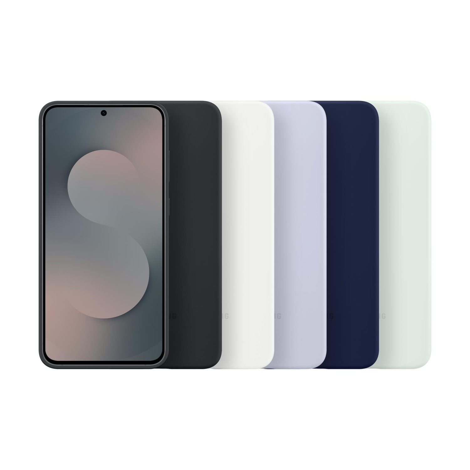 Uno smartphone con custodie nere allineate in vari colori accanto.