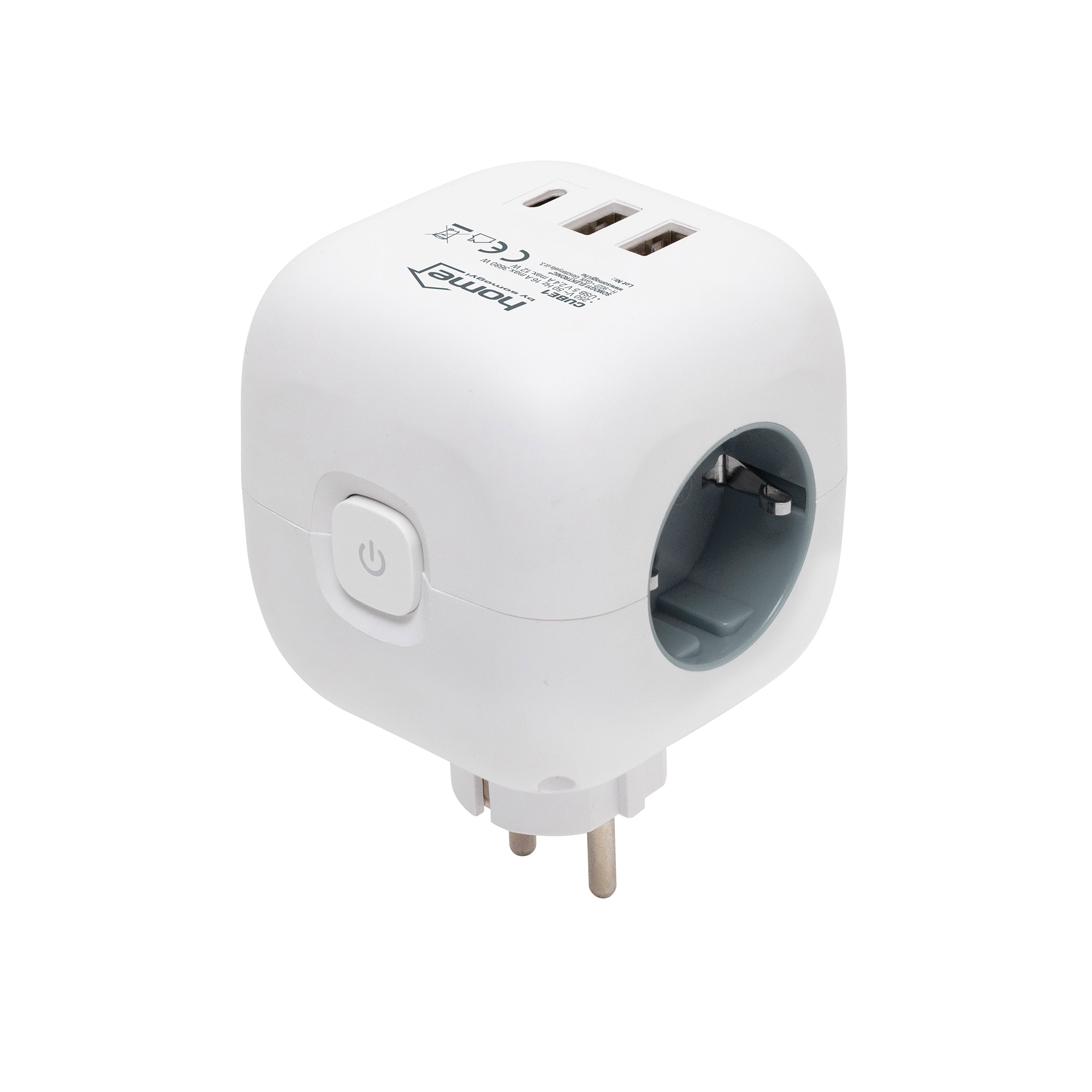 Fehér utazóadapter aljzattal, USB-portokkal és bekapcsológombbal.