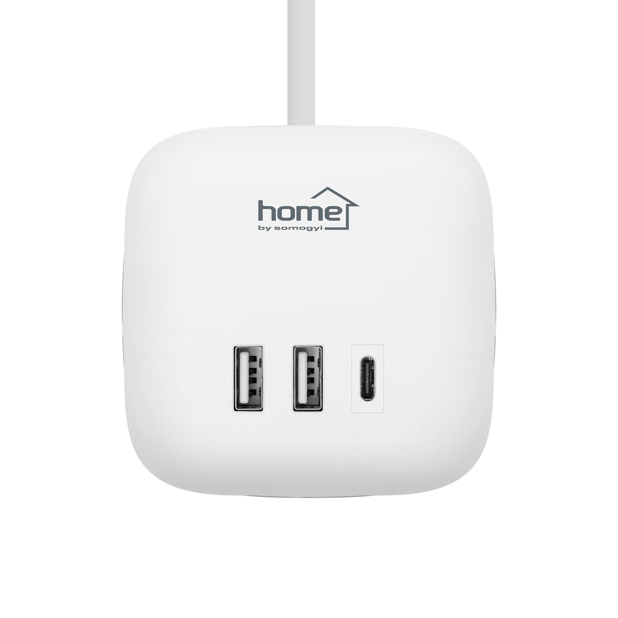 Fehér töltő két USB-porttal és egy USB-C porttal.