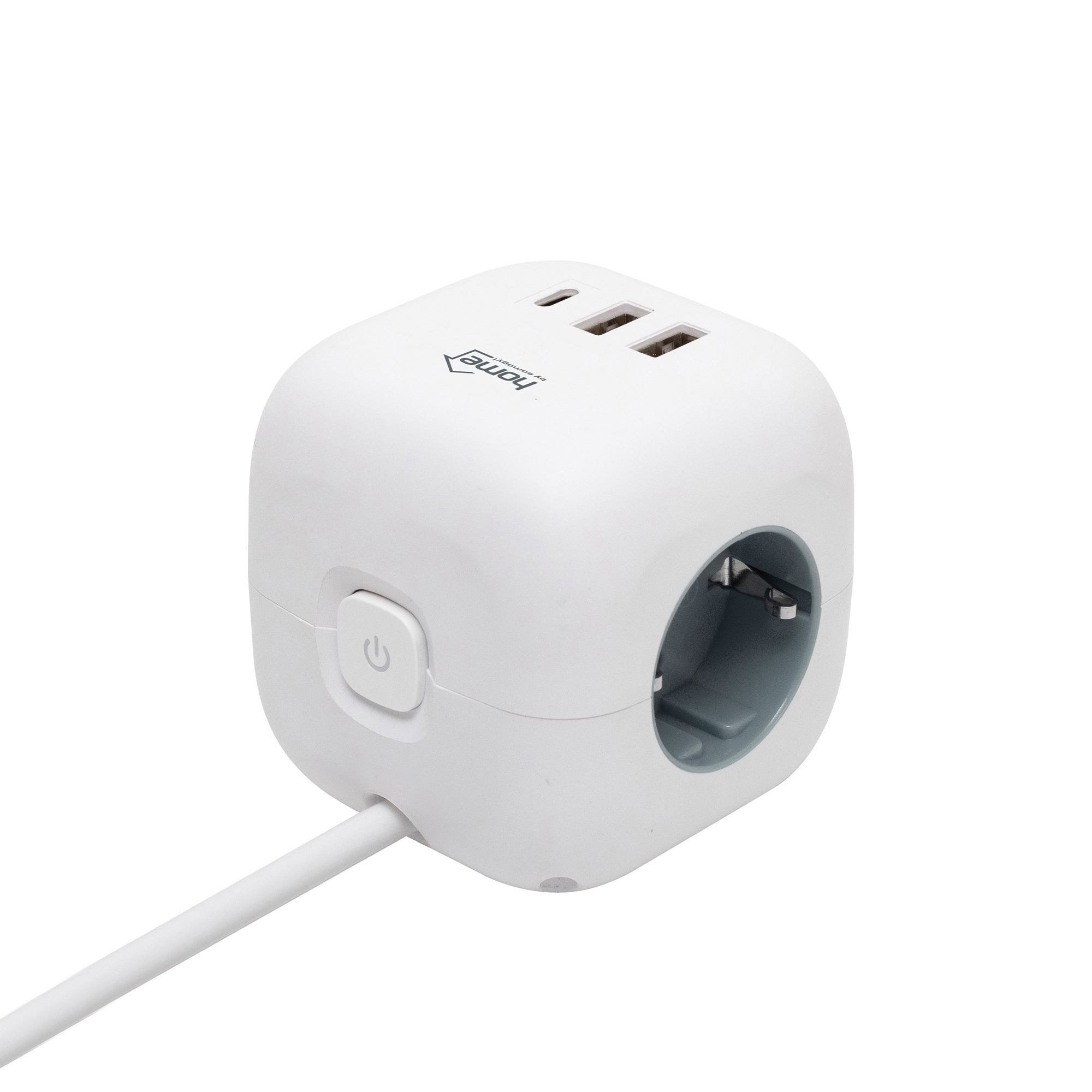 Fehér kocka adapter konnektorral, USB portokkal és bekapcsológombbal.