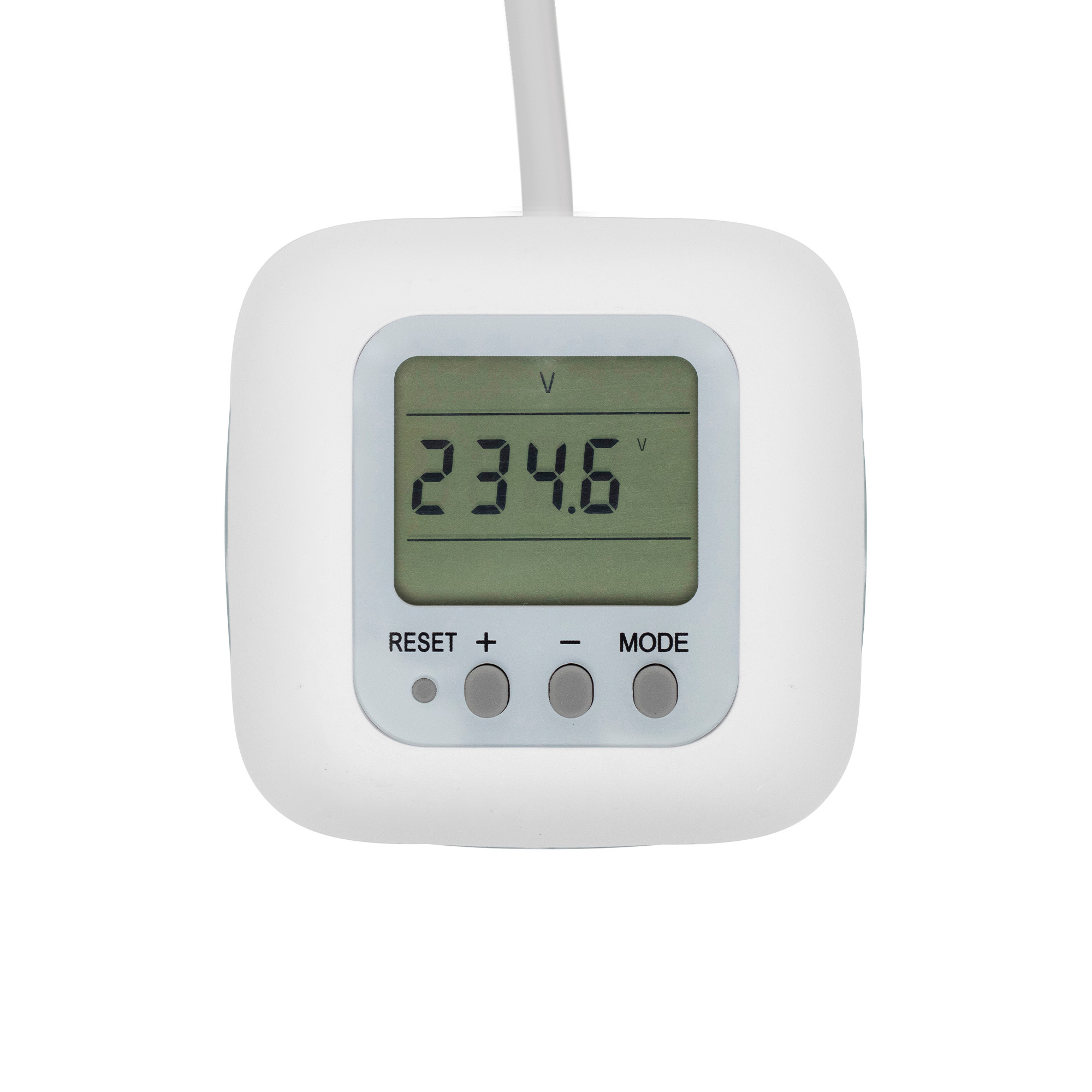 Fehér digitális mérő 234,6V kijelzéssel, gombokkal alatta.