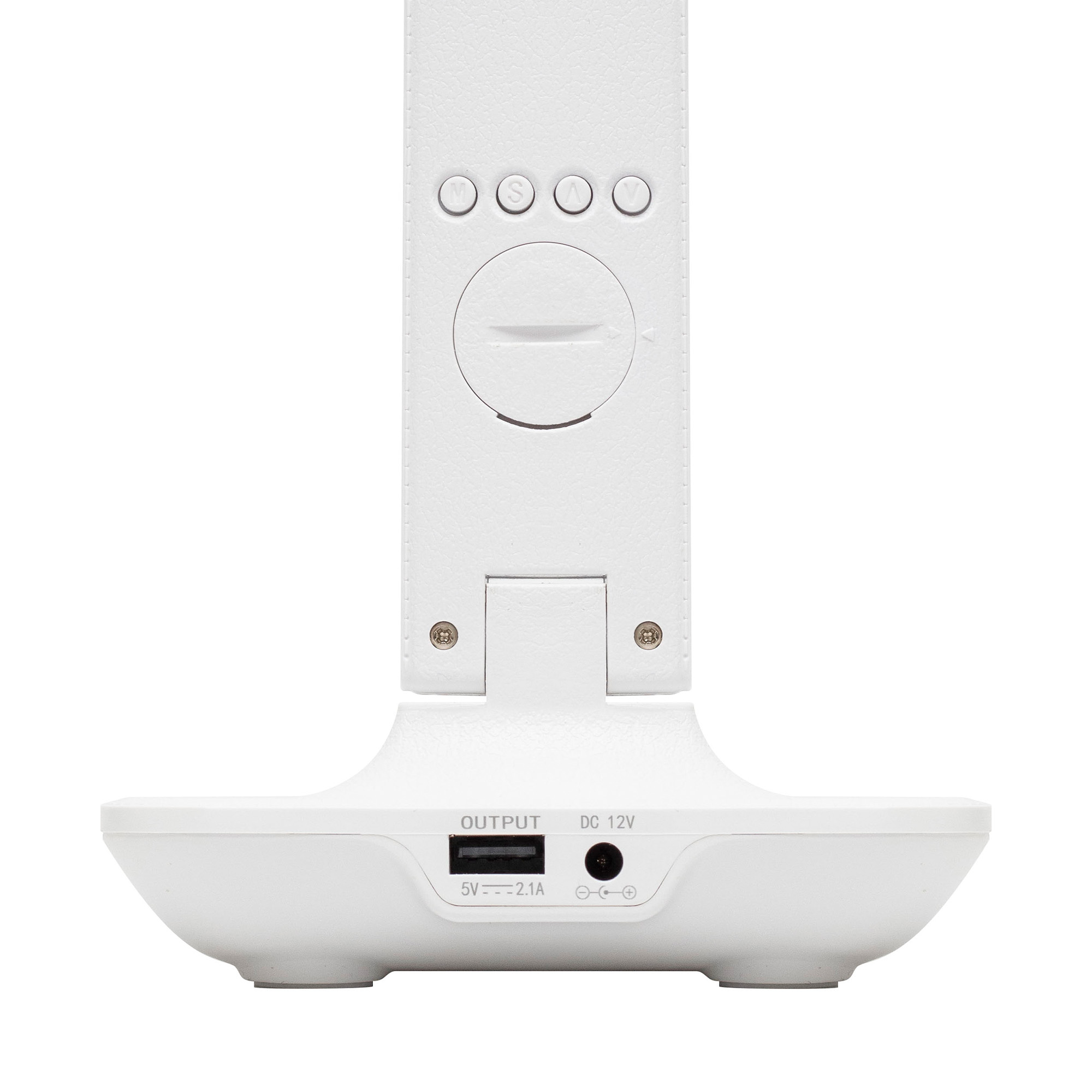 Fehér lámpa négy gombbal felül és USB/DC portokkal az alján.