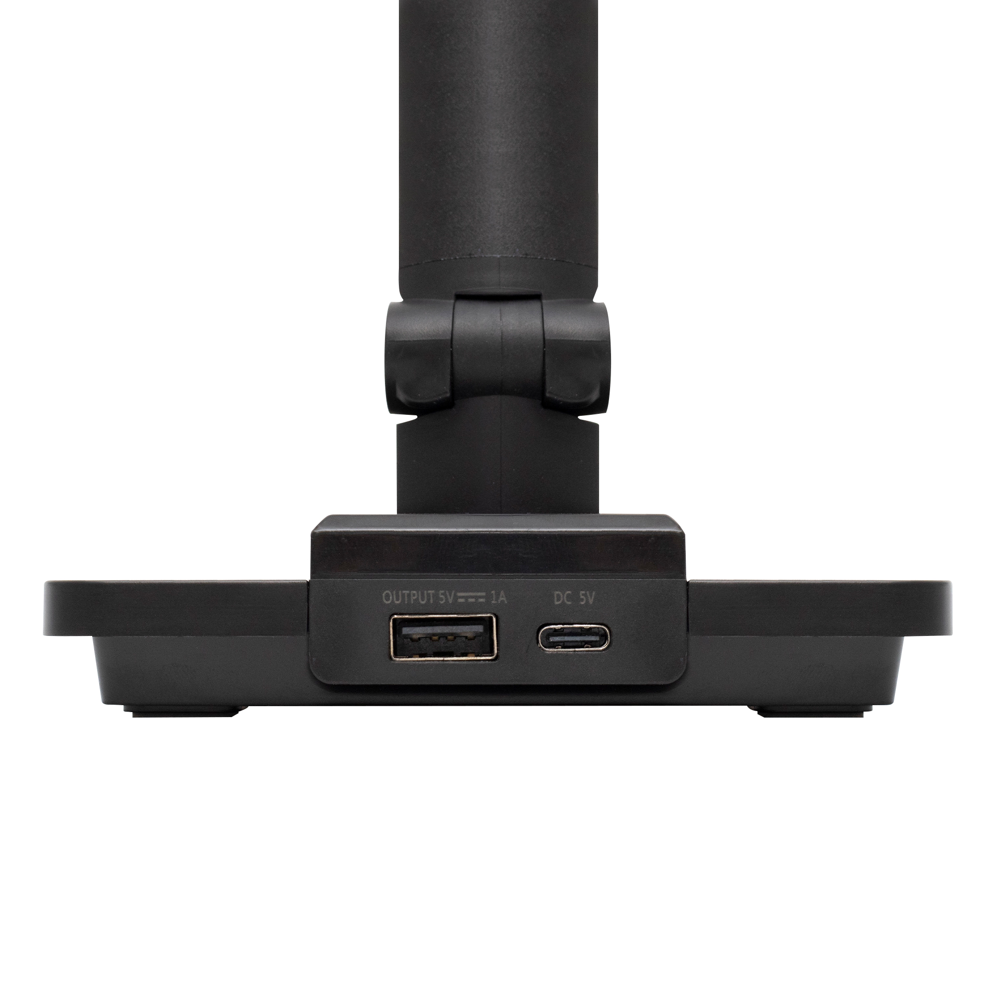 Fekete készülék USB-A és USB-C portokkal.