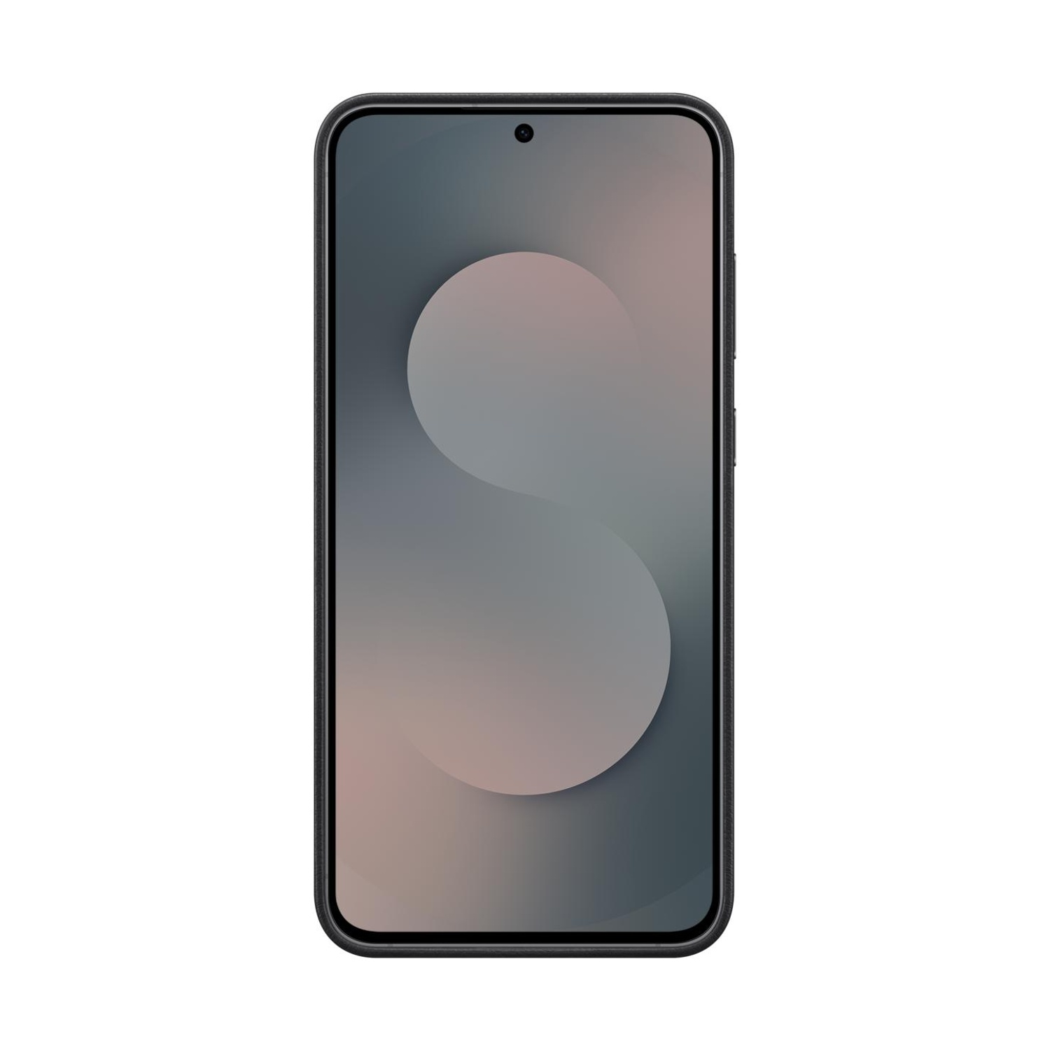Uno smartphone nero con uno sfondo grigio astratto sullo schermo.