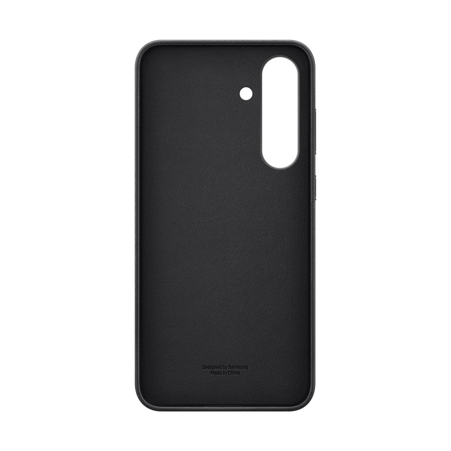 Custodia nera per telefono con ritaglio fotocamera e logo Samsung.