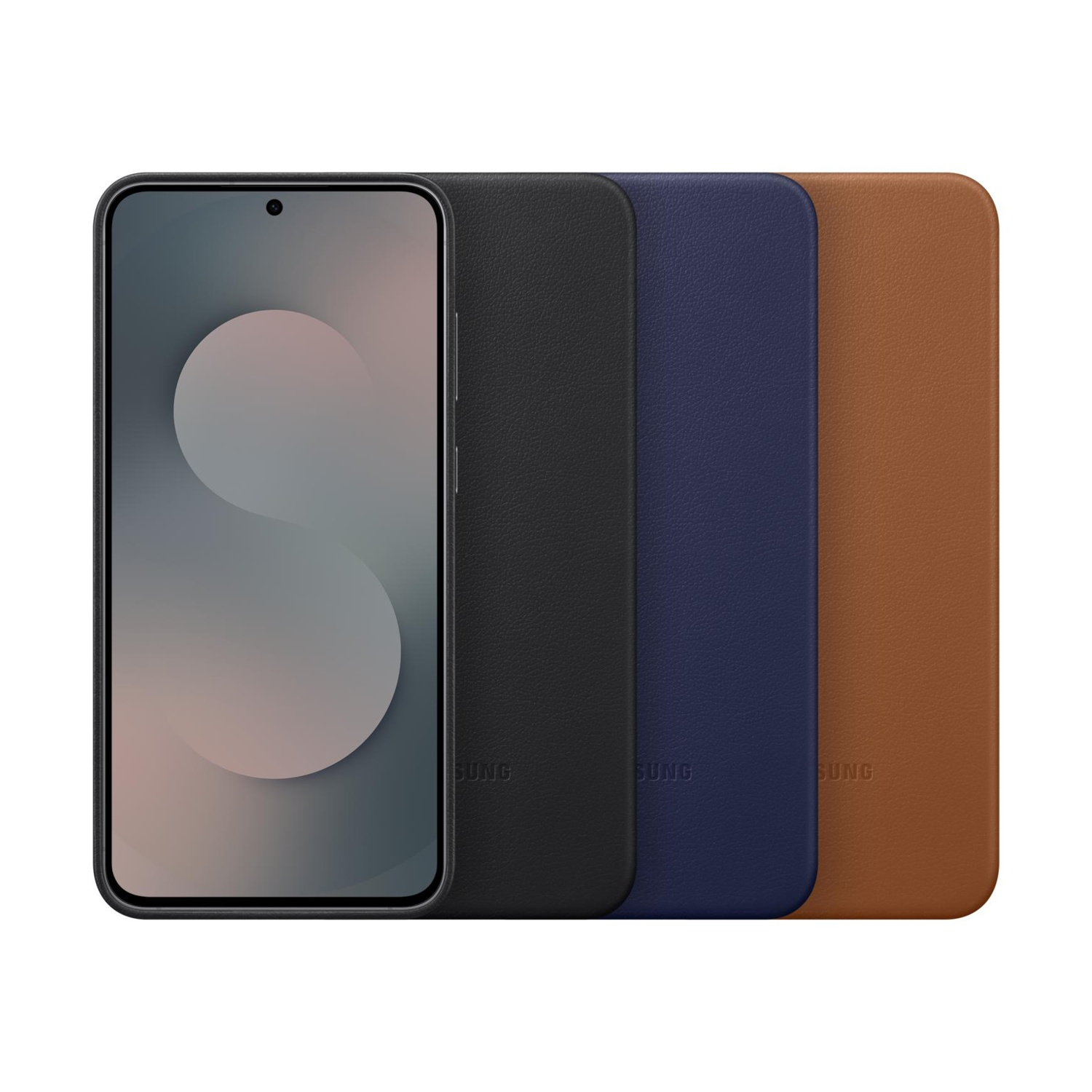 Uno smartphone con schermo grigio accanto a tre custodie: nera, blu navy e marrone.