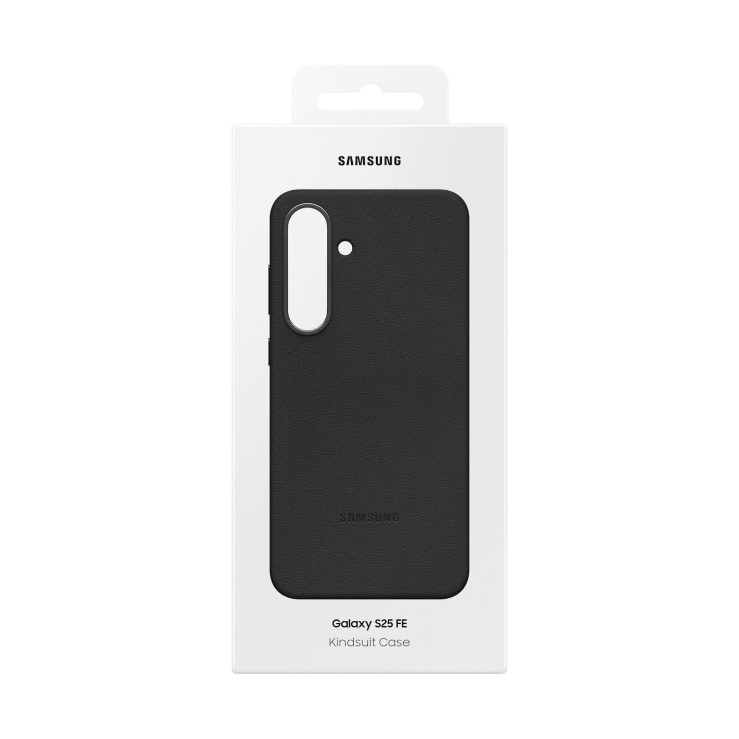 Confezione per una cover nera Samsung Galaxy S25 FE con ritaglio fotocamera.