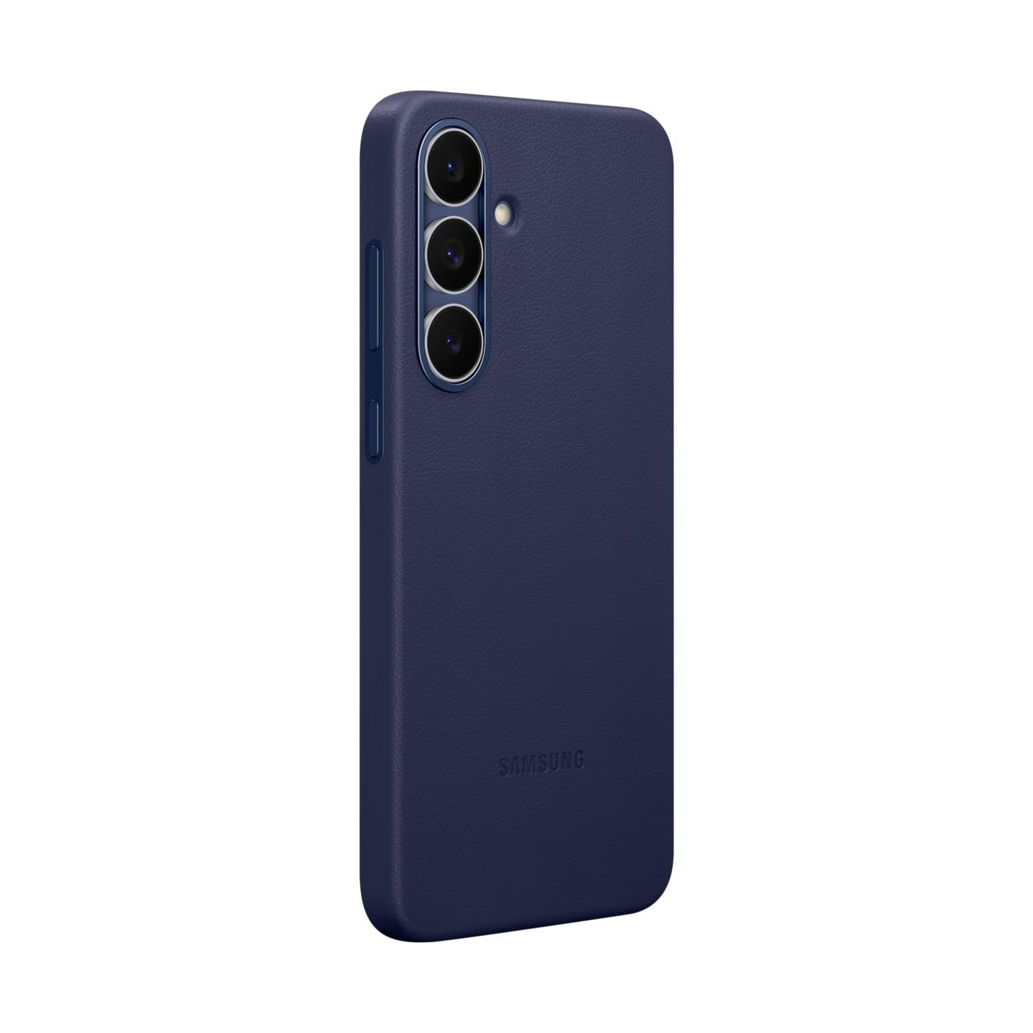 Custodia blu scuro per telefono con tre obiettivi e logo Samsung.