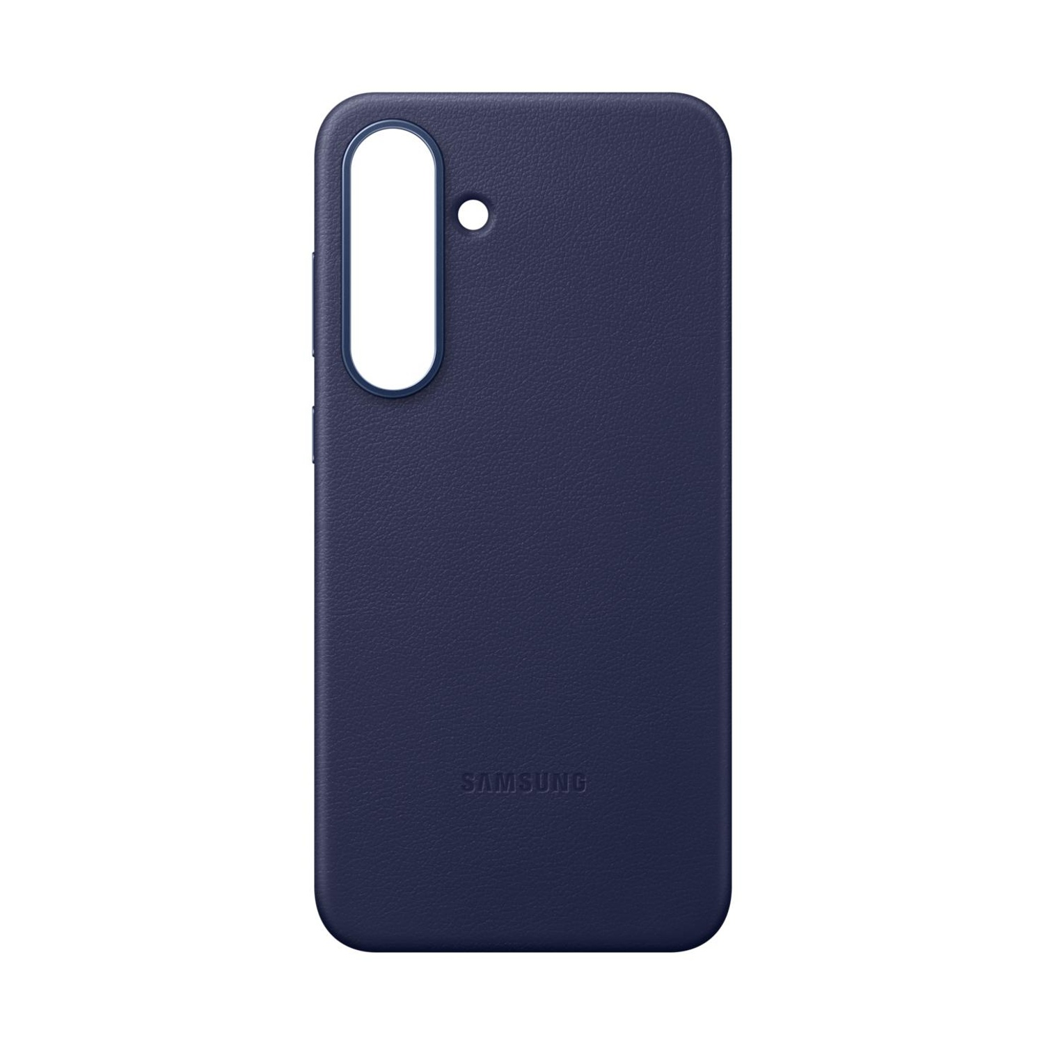 Custodia per telefono blu scuro in pelle con ritaglio fotocamera e logo Samsung.