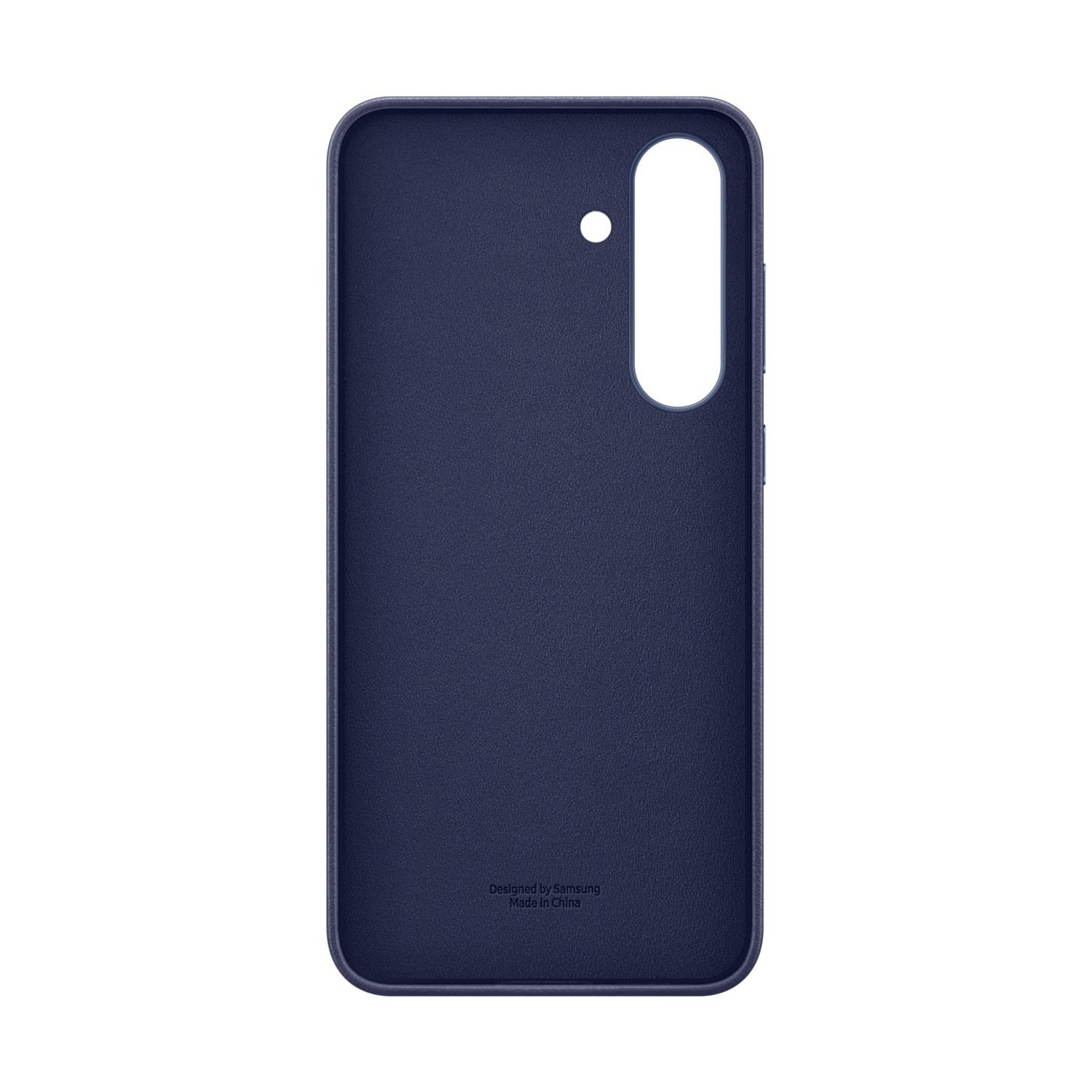 Custodia blu scuro per telefono con ritaglio fotocamera e logo Samsung.