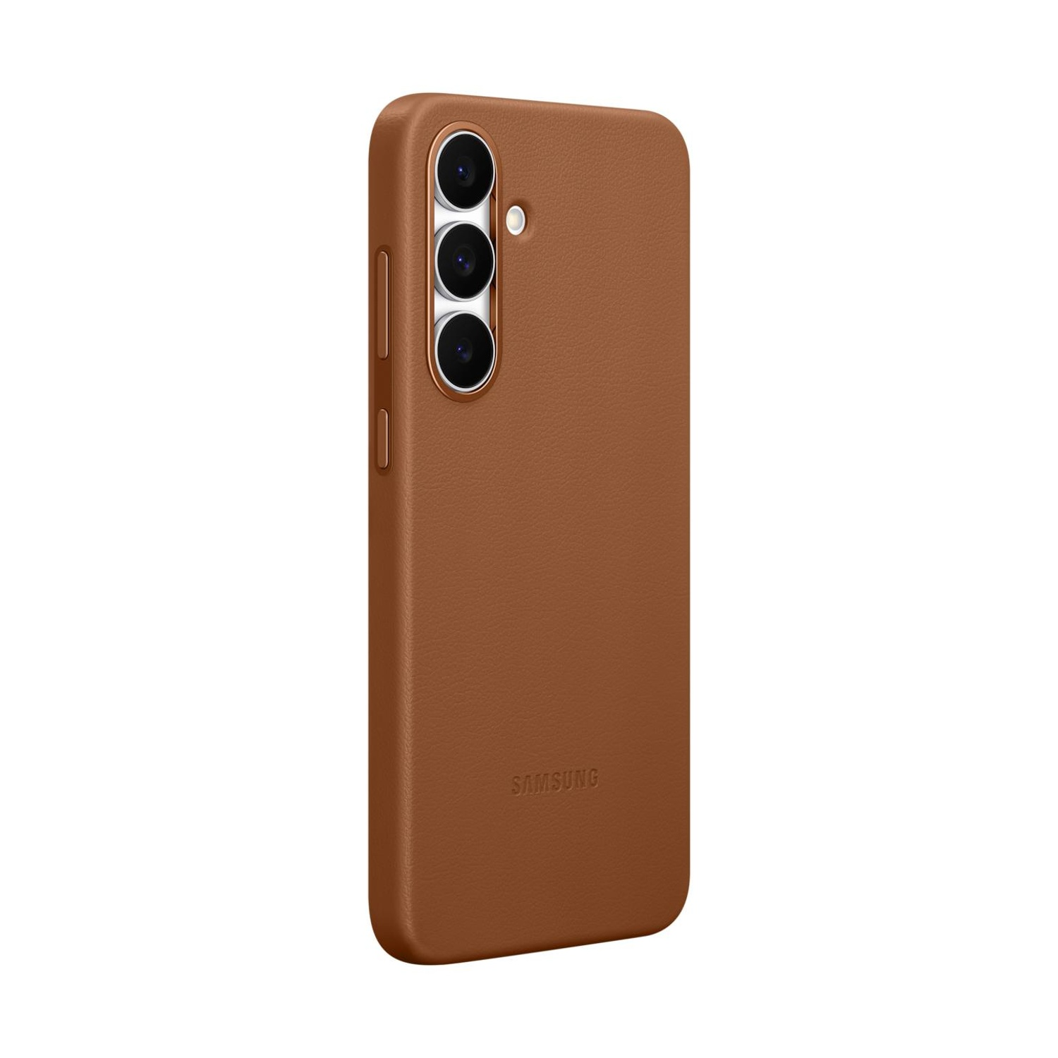 Una cover per telefono marrone con tre obiettivi della fotocamera sul retro.