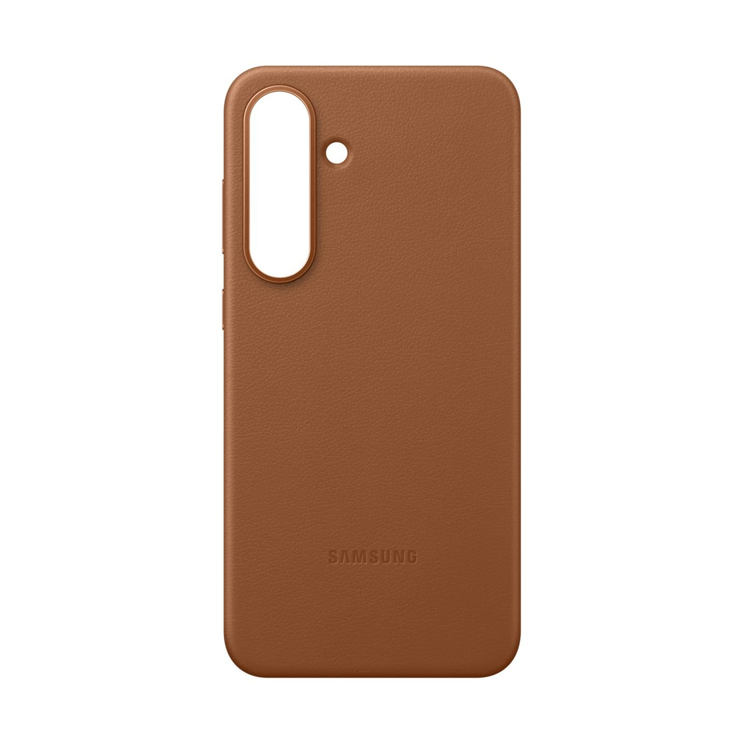 Custodia marrone per telefono con ritaglio fotocamera e logo Samsung.