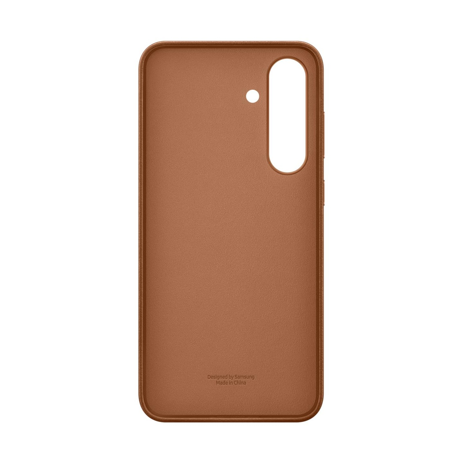 Una custodia per telefono in pelle marrone con ritaglio fotocamera e marchio Samsung.