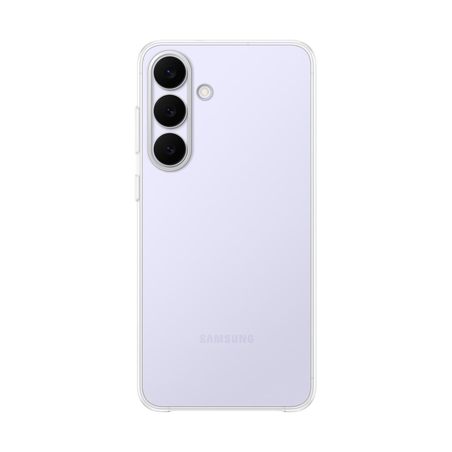 Una cover trasparente per telefono con tre obiettivi della fotocamera e il logo Samsung.
