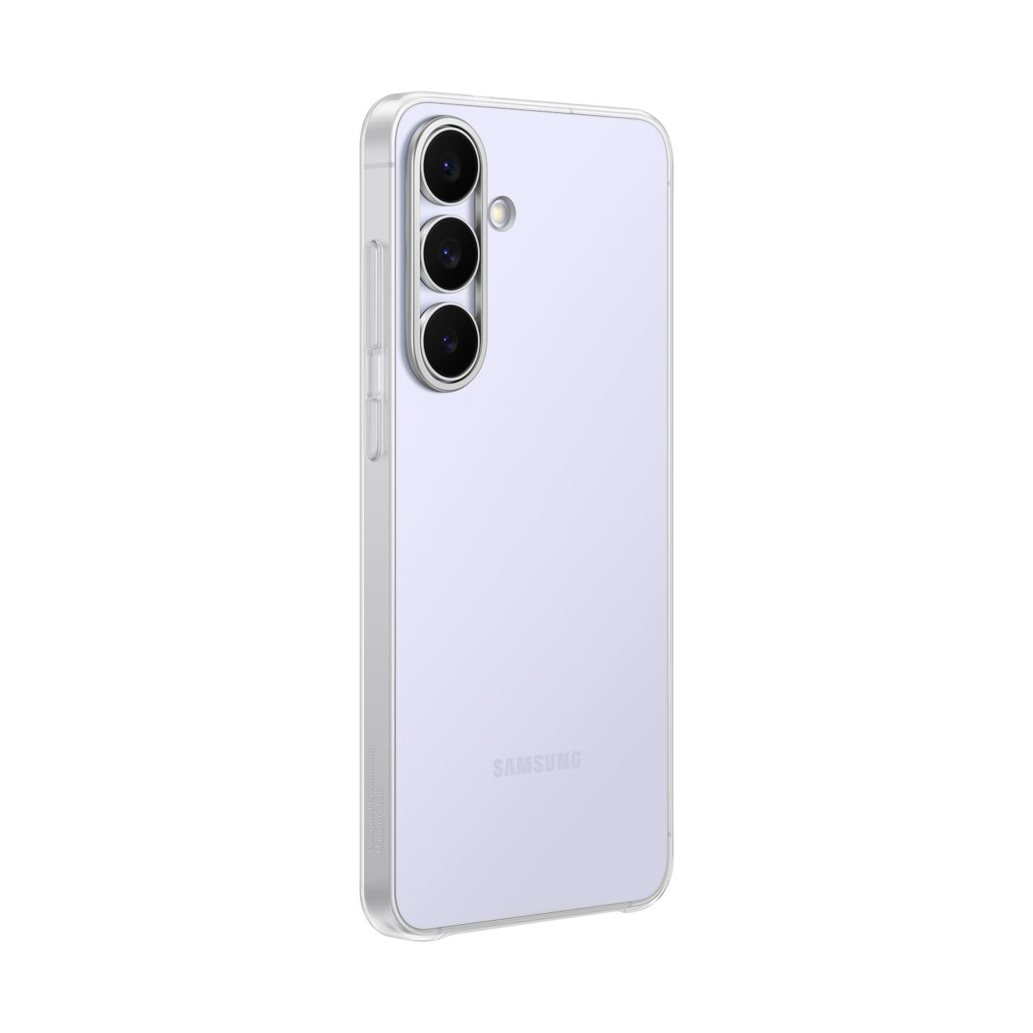 Un telefono Samsung viola chiaro con cover trasparente e tre fotocamere posteriori.