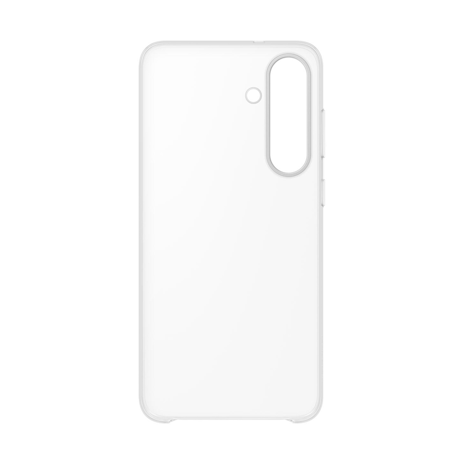 Custodia trasparente per telefono con ritaglio fotocamera su sfondo bianco.