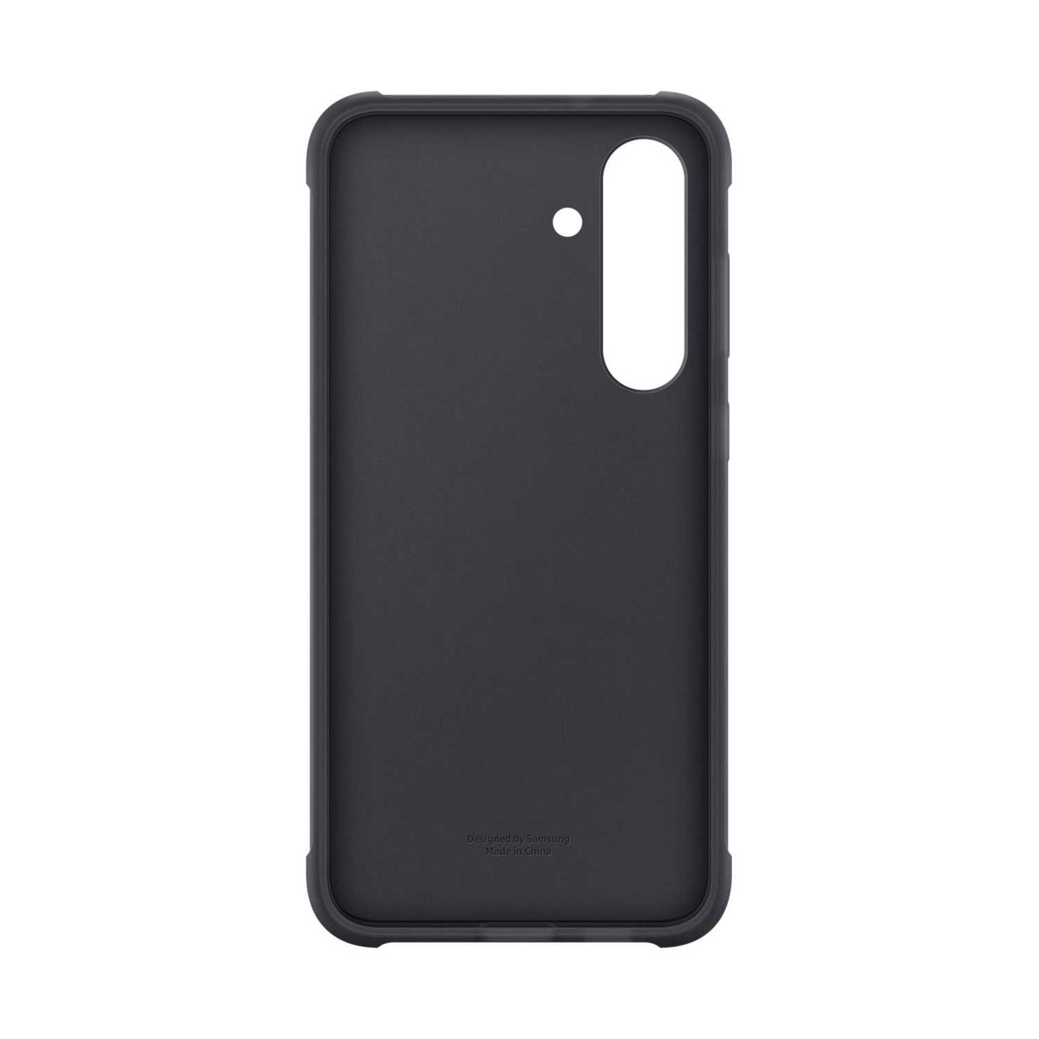Custodia grigio scuro per telefono con ritagli per fotocamera e flash.