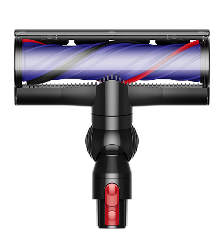 Cepillo Dyson para suelo con rodillo azul-morado y detalles rojos.
