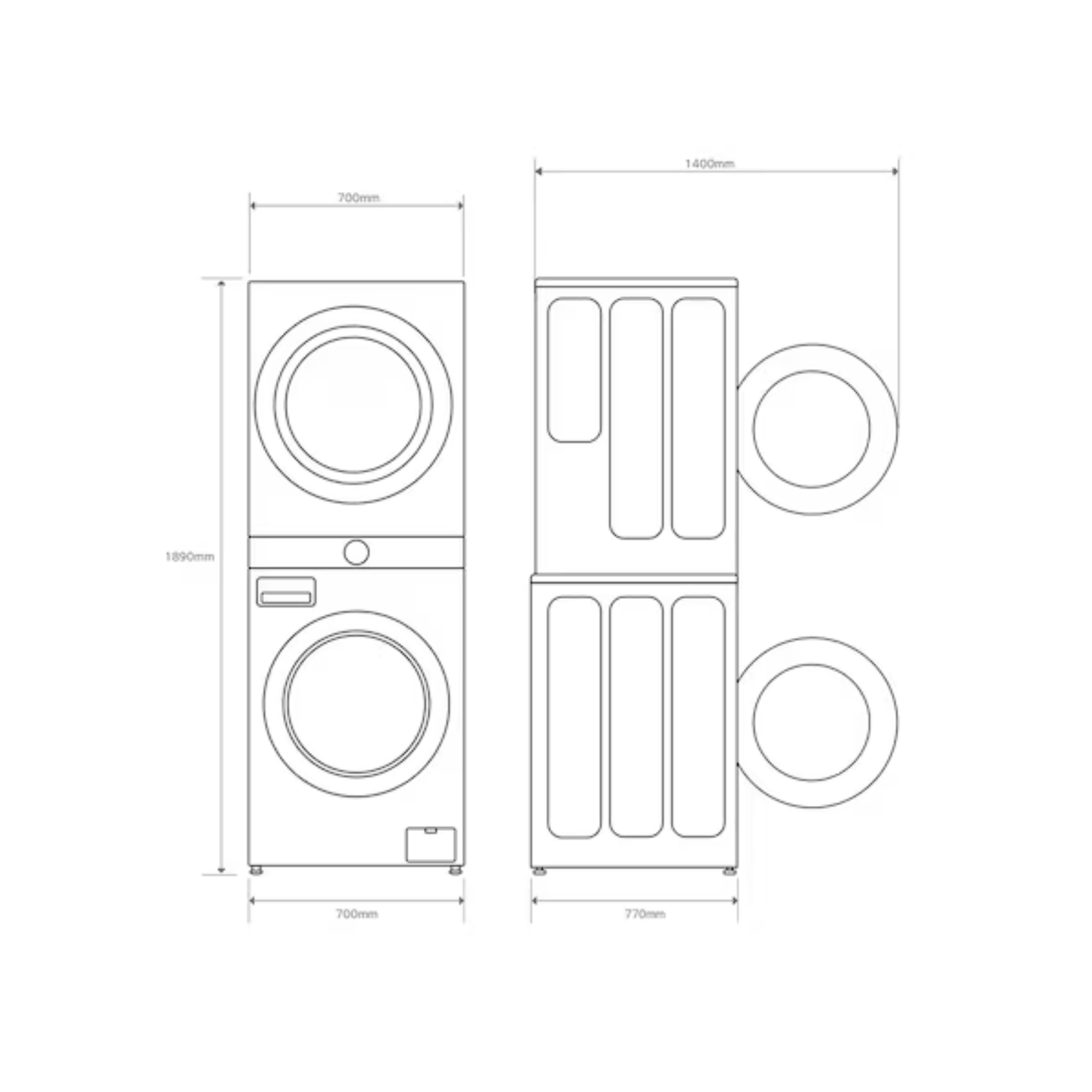Dibujo técnico de una lavadora-secadora apilada con dimensiones.