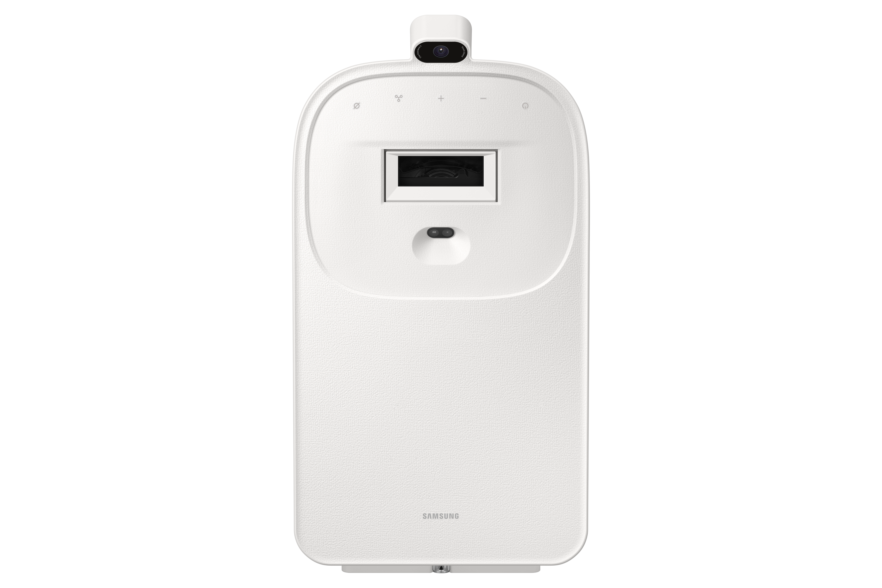 Białe urządzenie Samsung z kamerą i ekranem.