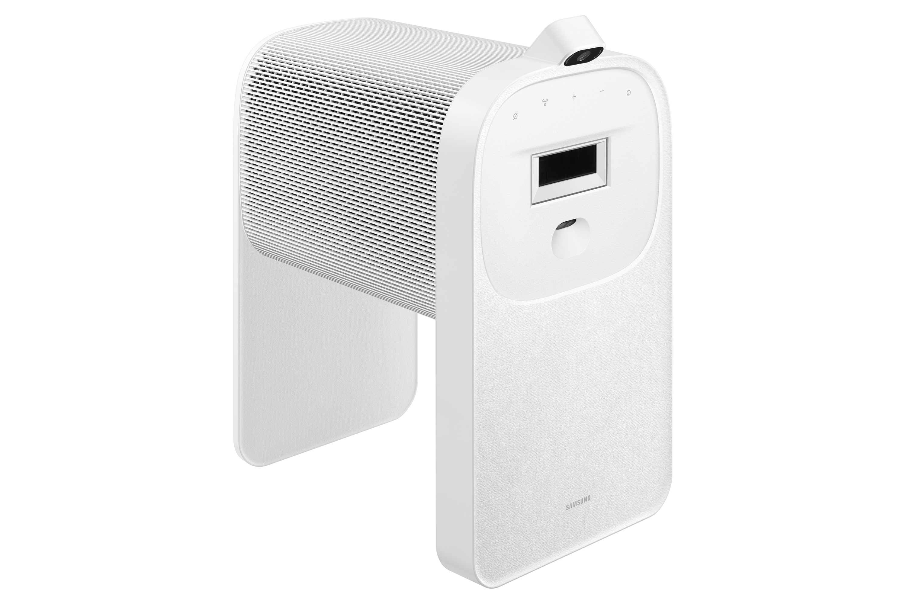 Białe urządzenie elektroniczne z kratką i małym ekranem.