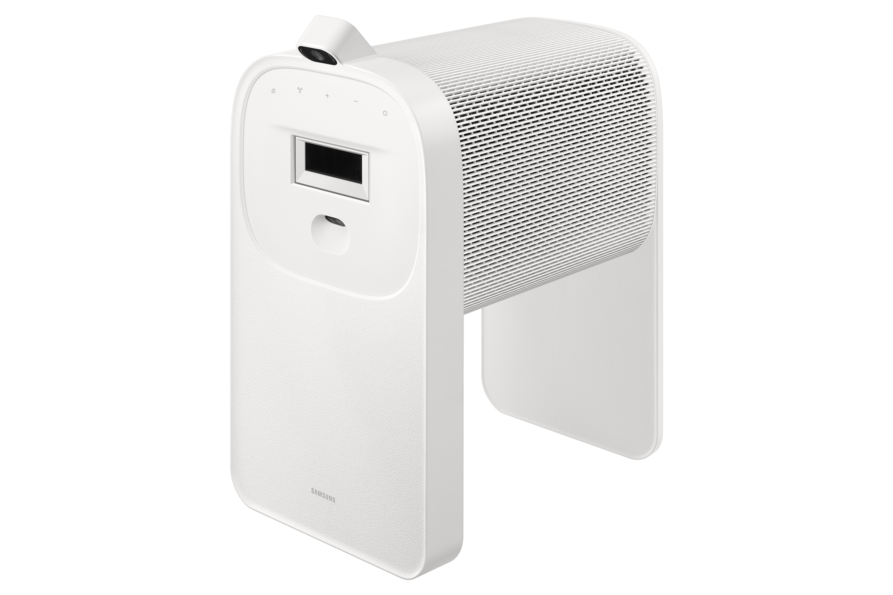Biały projektor Samsung z kamerą i otworami wentylacyjnymi na czarnym tle.