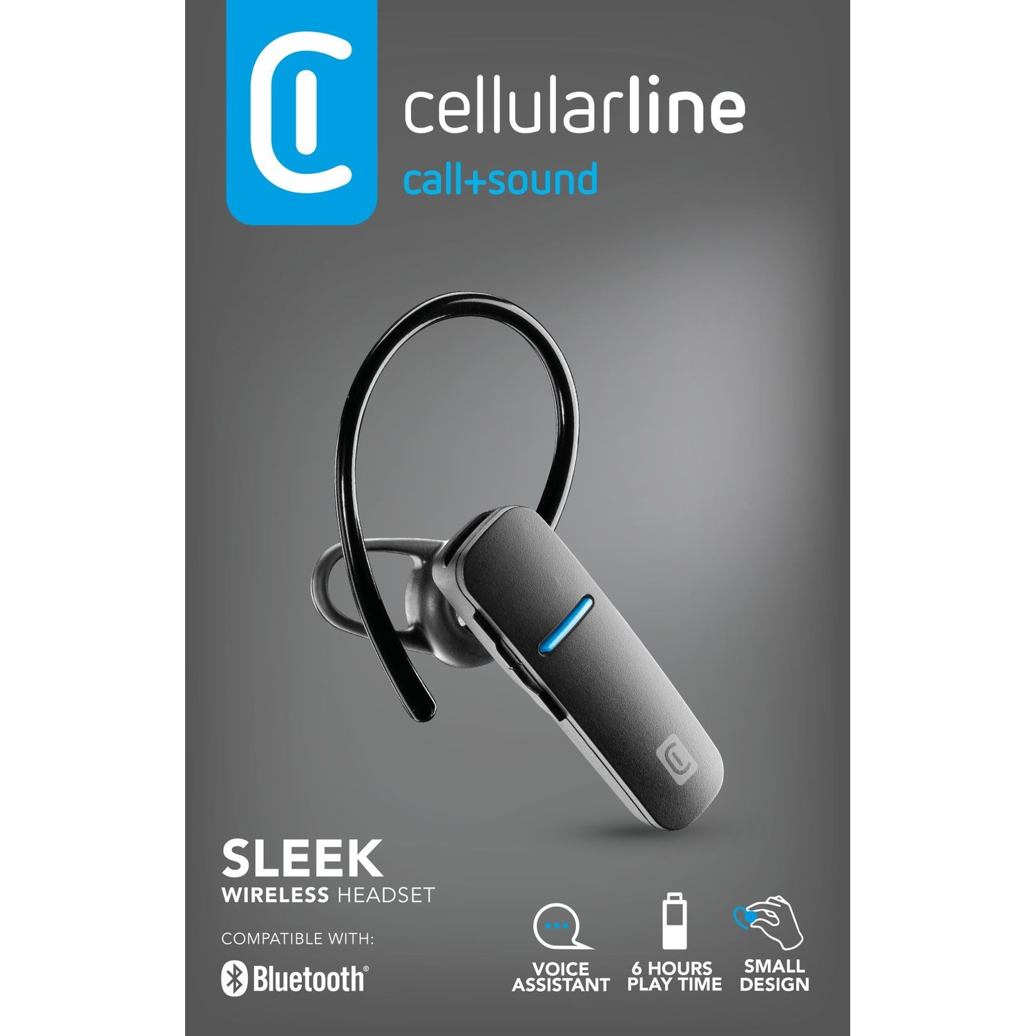 Un elegante auricolare Bluetooth nero con accento blu, progettato per chiamate e audio.