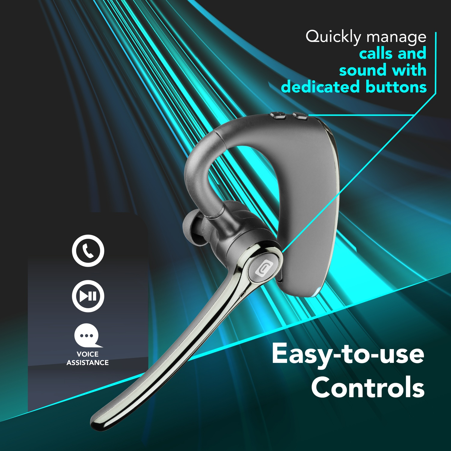 Un elegante auricolare Bluetooth nero con controlli facili è mostrato su sfondo blu dinamico.