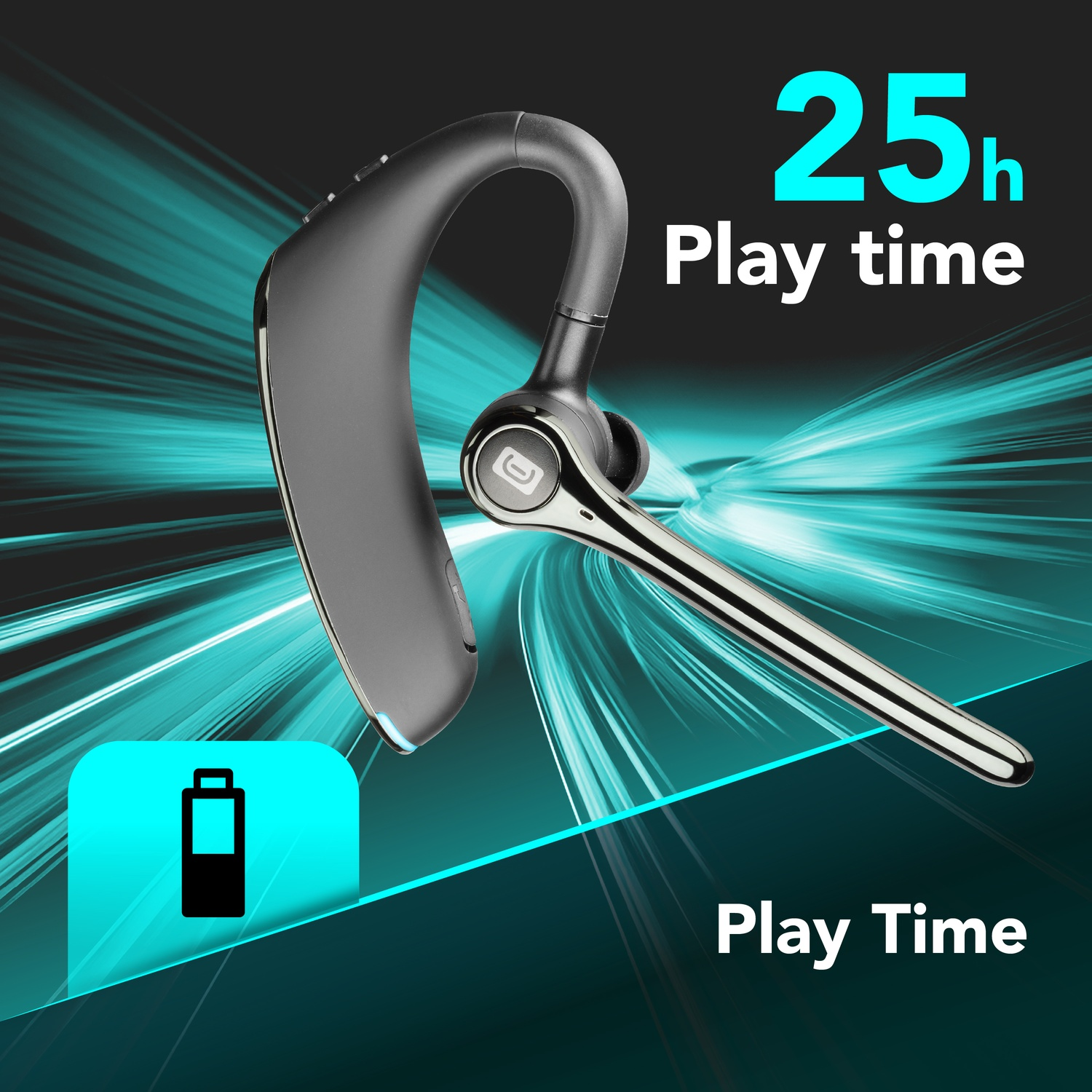Un auricolare Bluetooth nero con 25 ore di riproduzione su sfondo astratto.