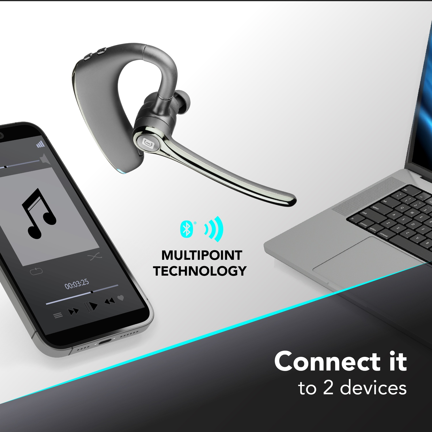 Un auricolare, smartphone e laptop mostrano la tecnologia multipoint.