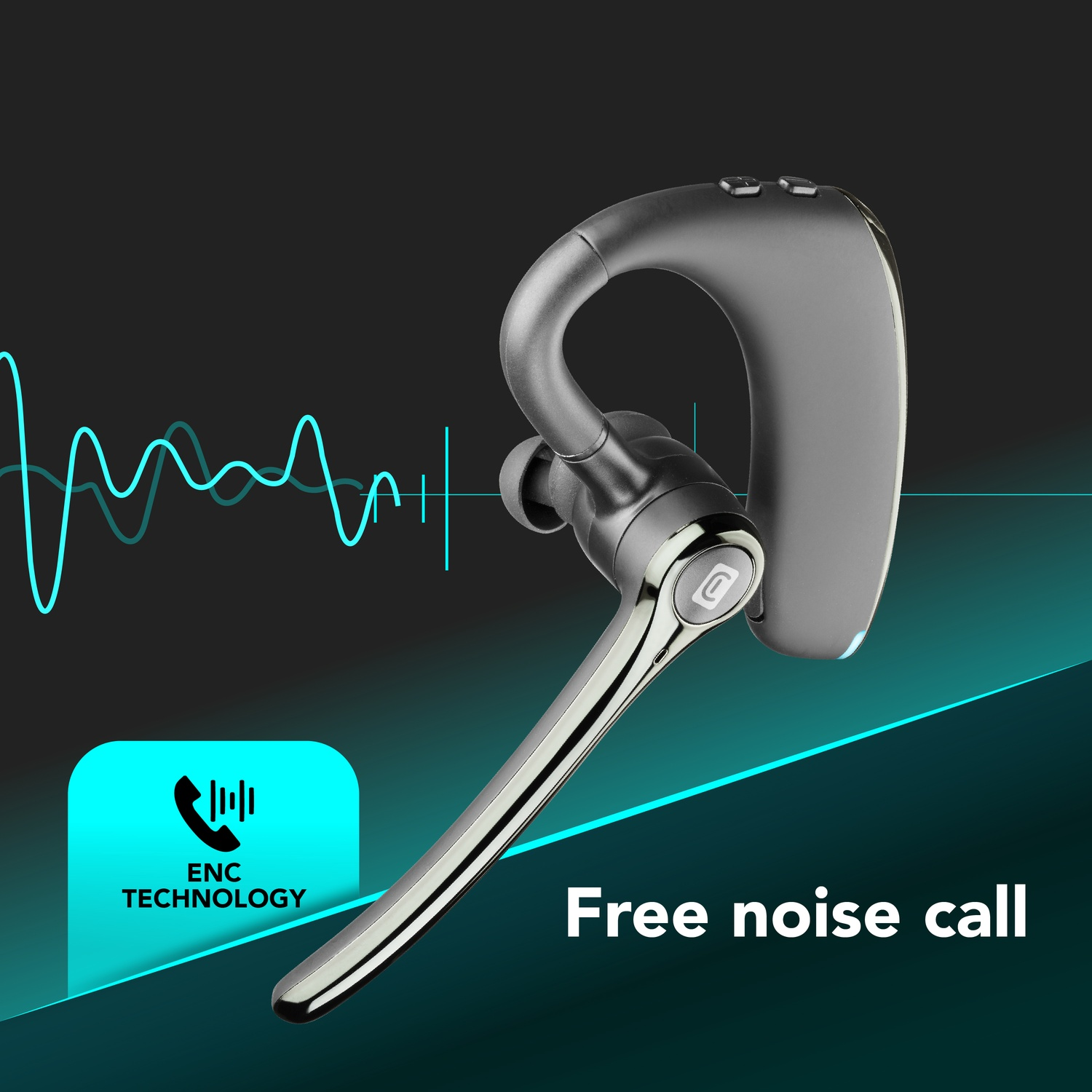 Un auricolare wireless grigio con motivo a onda sonora blu e testo.