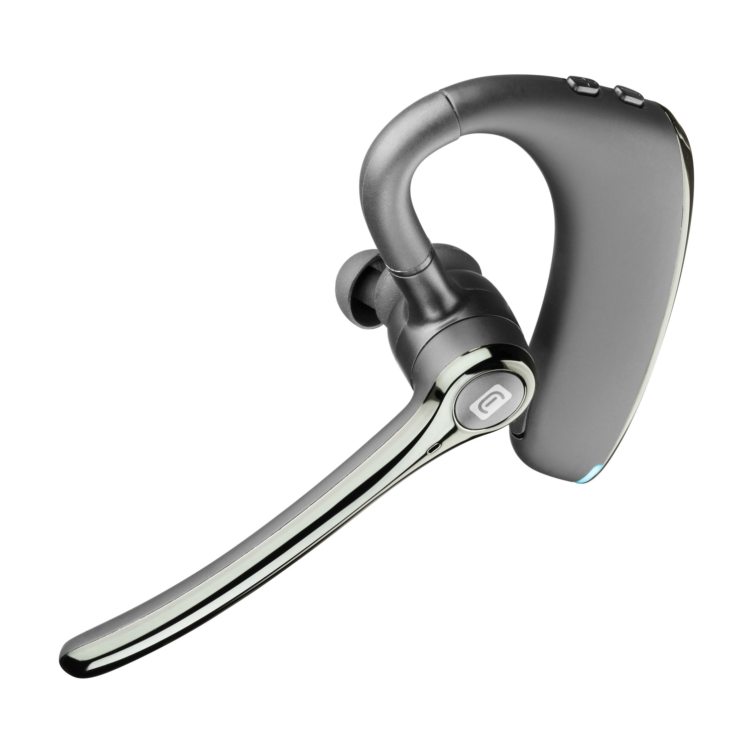 Auricolare Bluetooth grigio con accenti argentati e gancio.