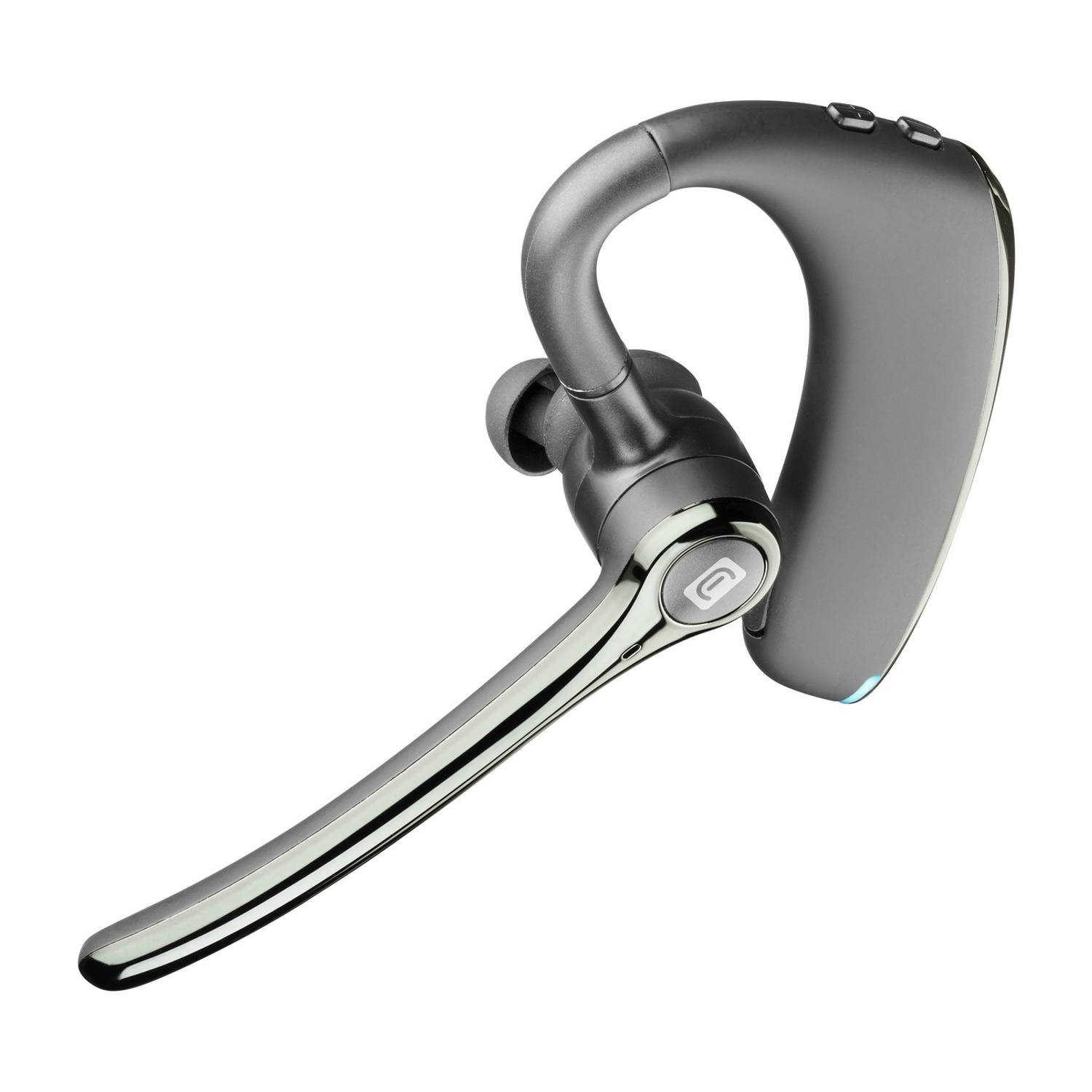 Un auricolare wireless grigio con gancio per l'orecchio.