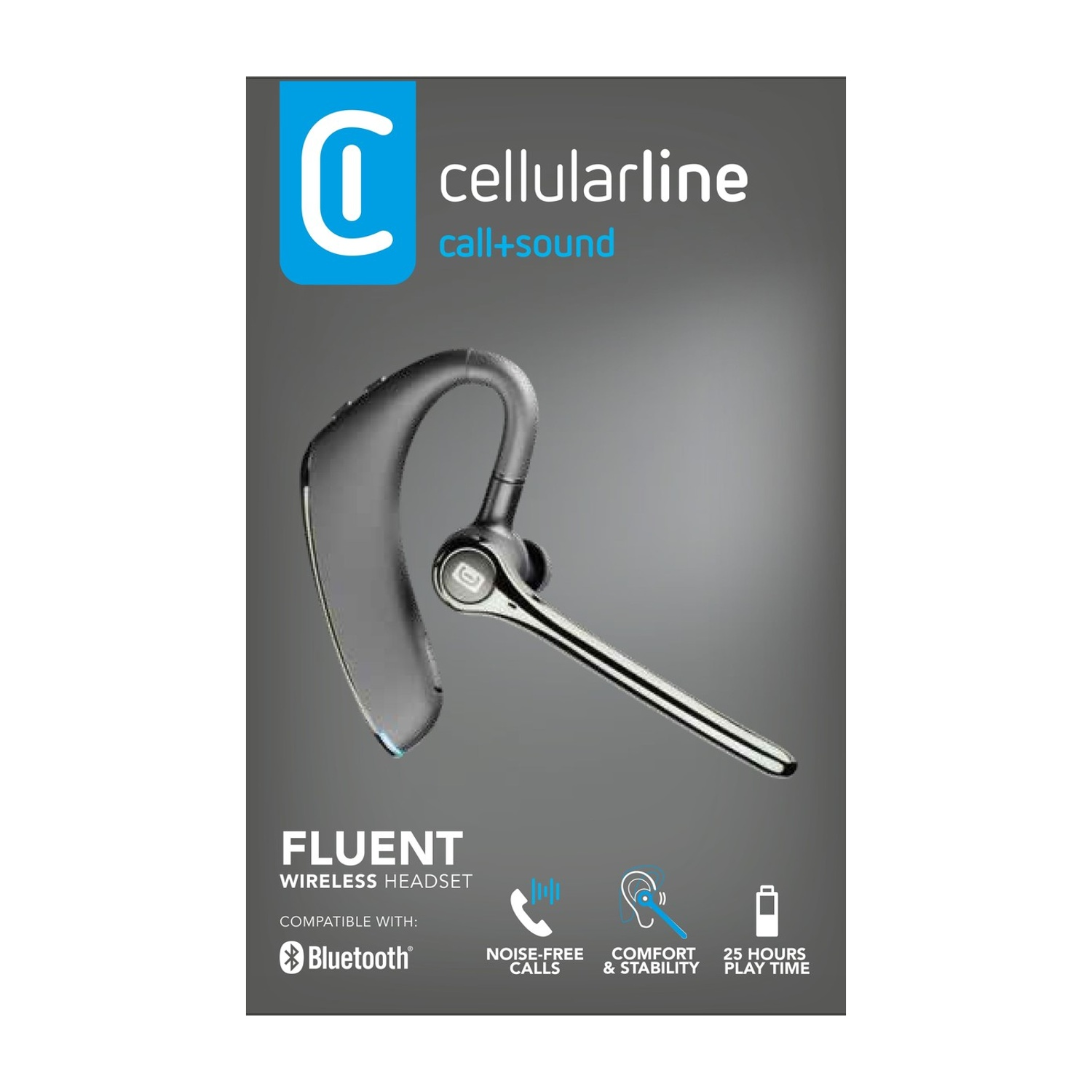 Cuffia Bluetooth nera Cellularline Fluent con gancio per l'orecchio, su sfondo grigio.