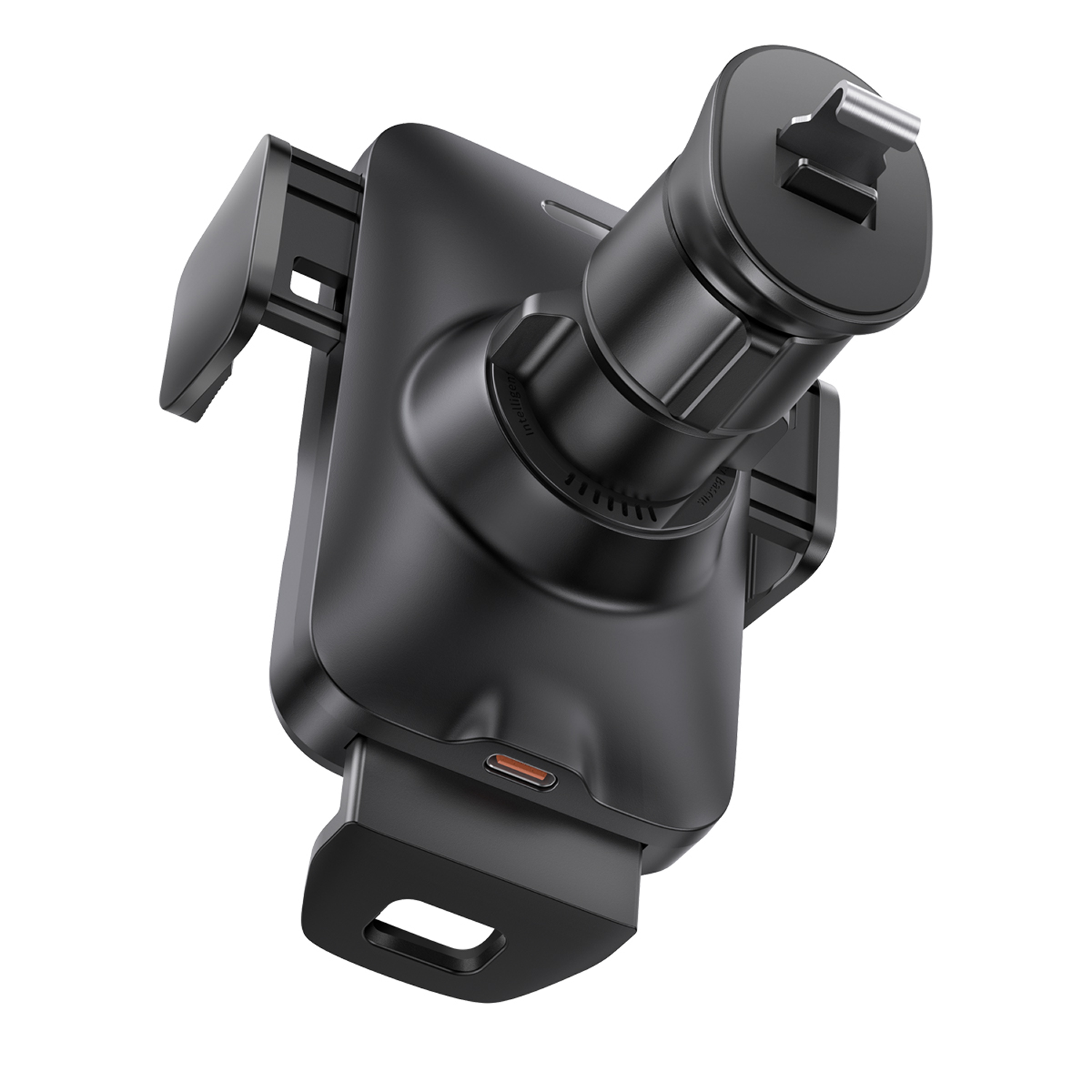 Soporte negro para teléfono de coche con puerto USB-C y pinza ajustable, fondo blanco.