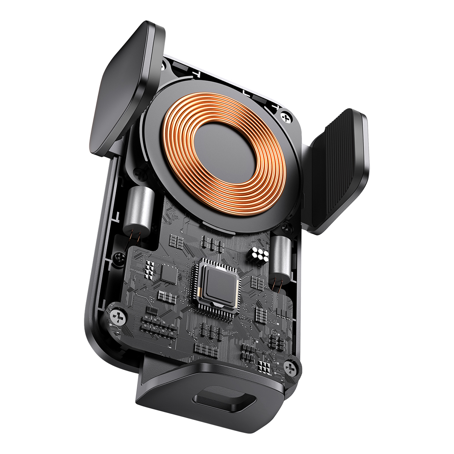 Soporte negro para teléfono con bobina de cobre, placa de circuito y chips.