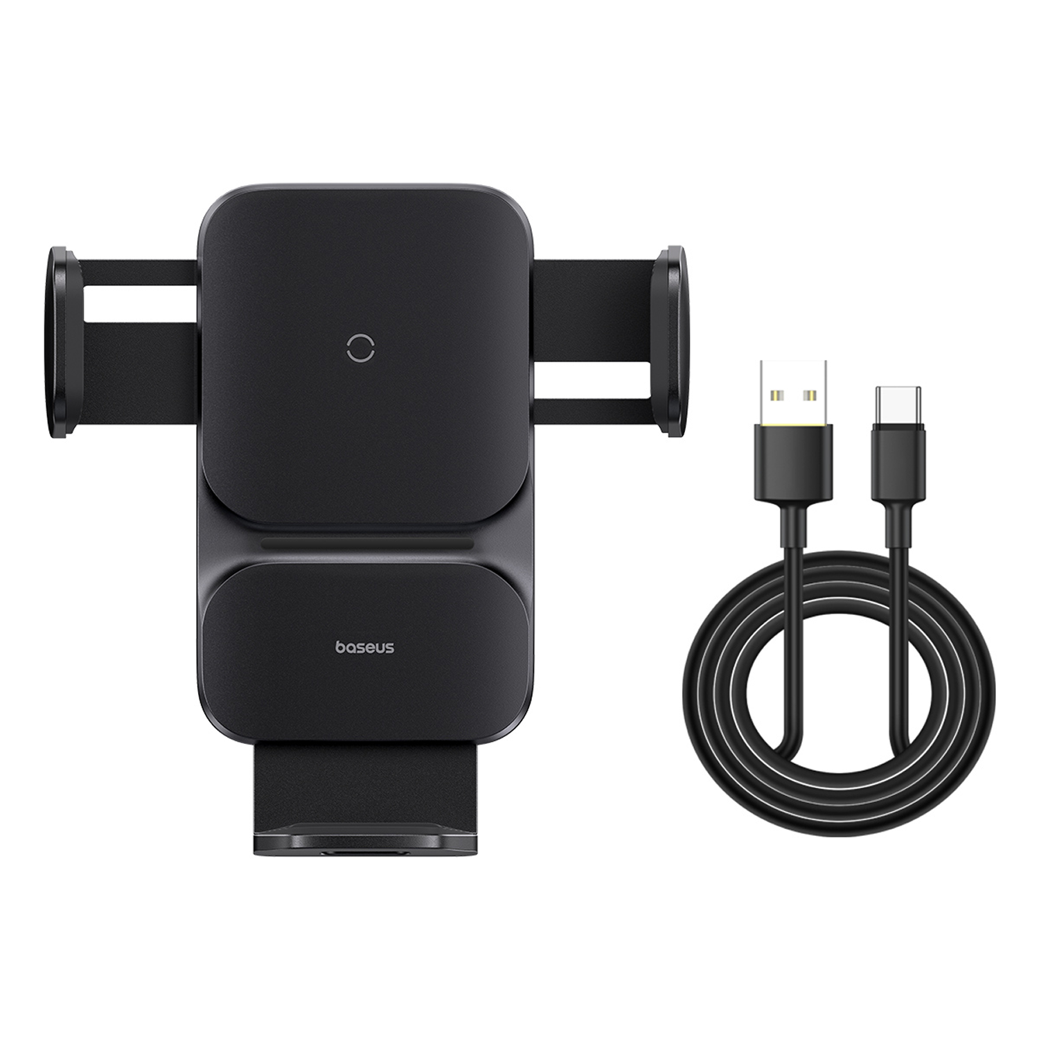 Soporte negro para teléfono con cable de carga y conector USB-C.
