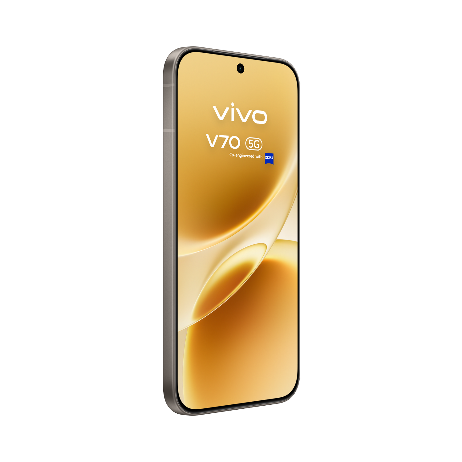 Un smartphone Vivo V70 5G gris con pantalla degradada dorada sobre fondo negro.