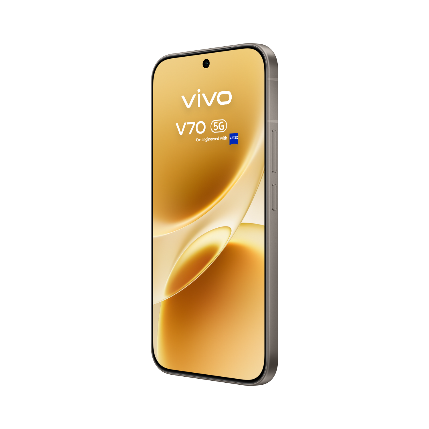 Smartphone Vivo V70 5G con pantalla dorada y marco plateado sobre fondo negro.