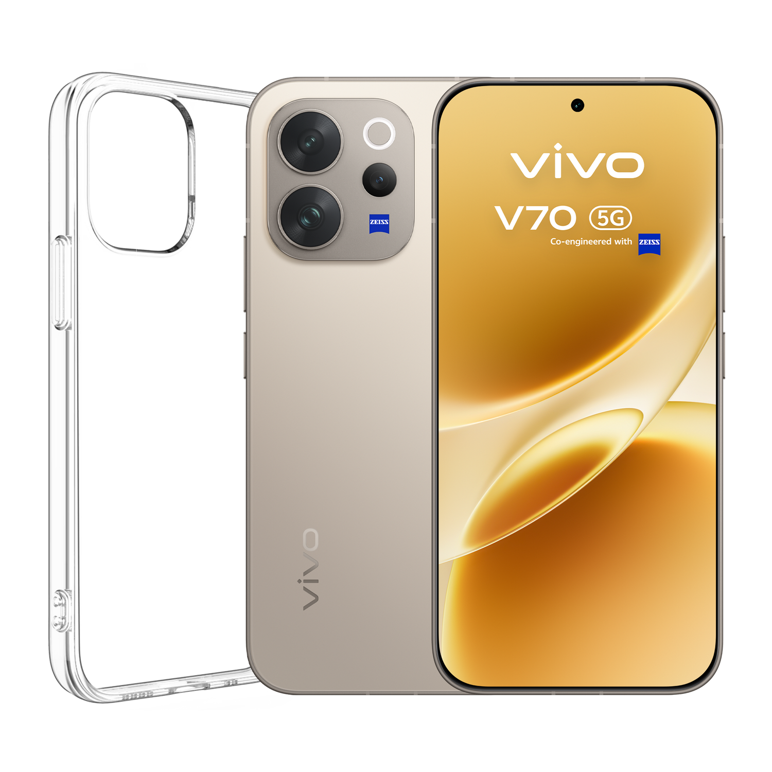 Un teléfono Vivo V70 5G dorado junto a una funda transparente.